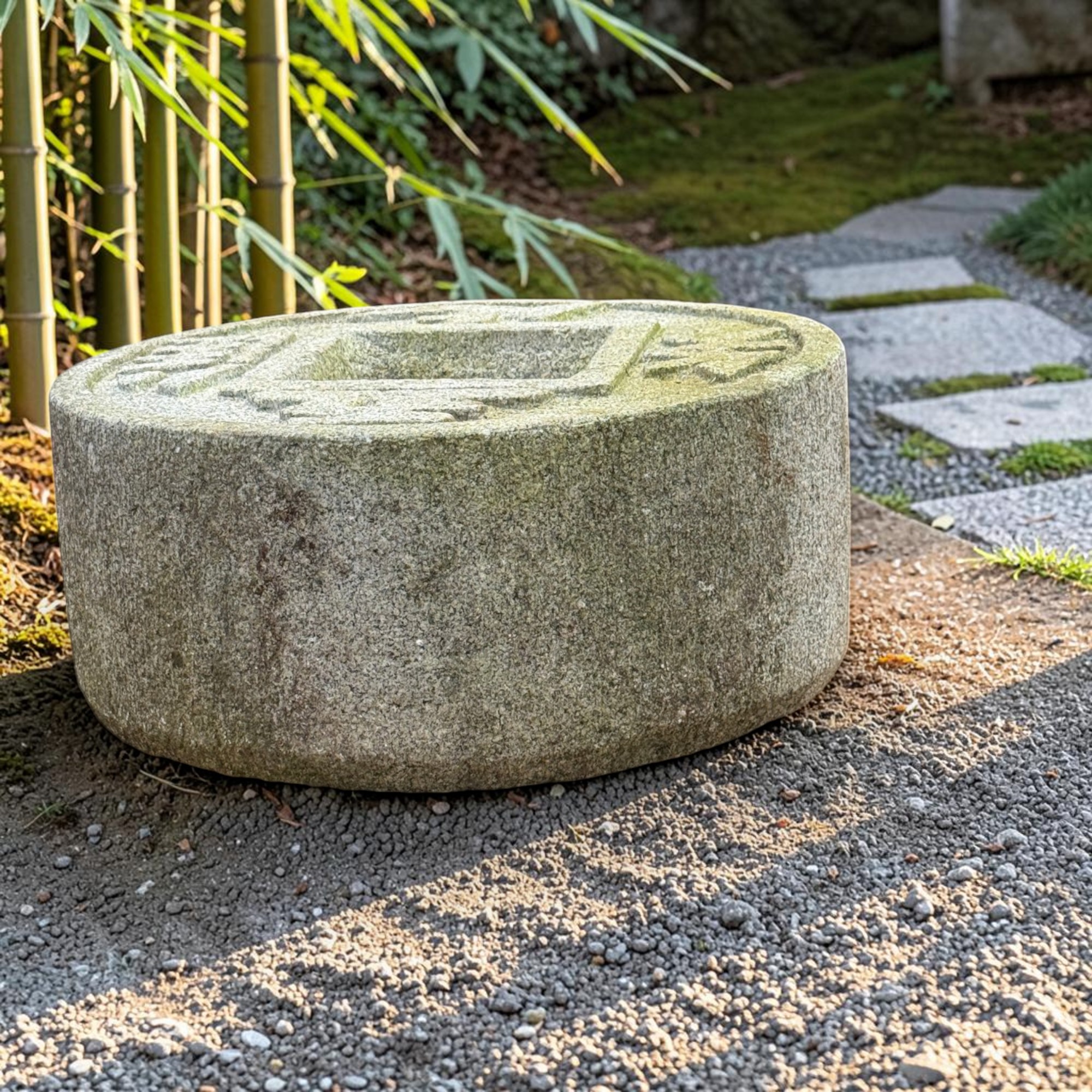 Altes Japanisches Tsukubai Steinbecken Granit - Zen-Münzbecken - 45cm Bemoost