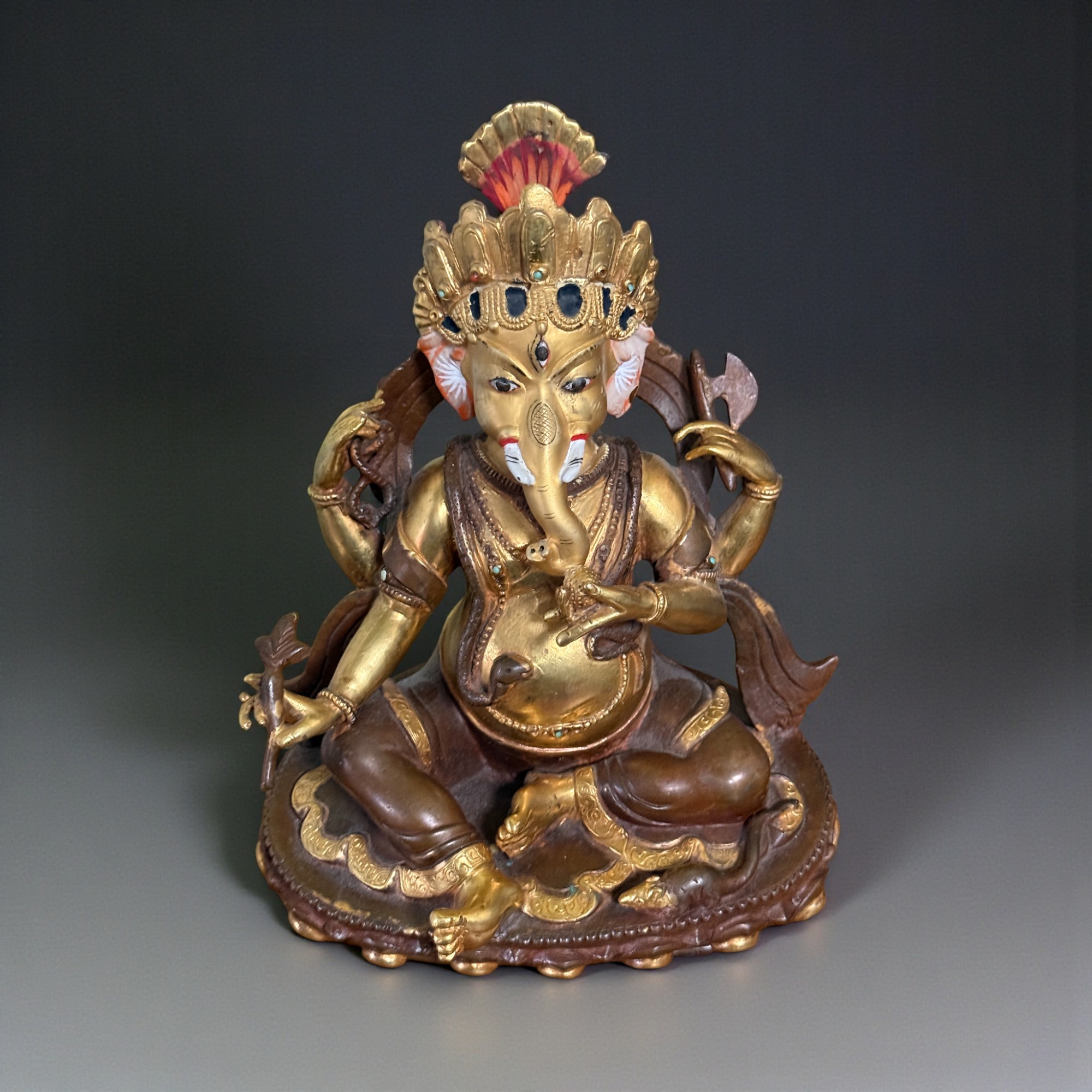 Ganesha Figur aus Bronze mit Teilvergoldung, Nepal