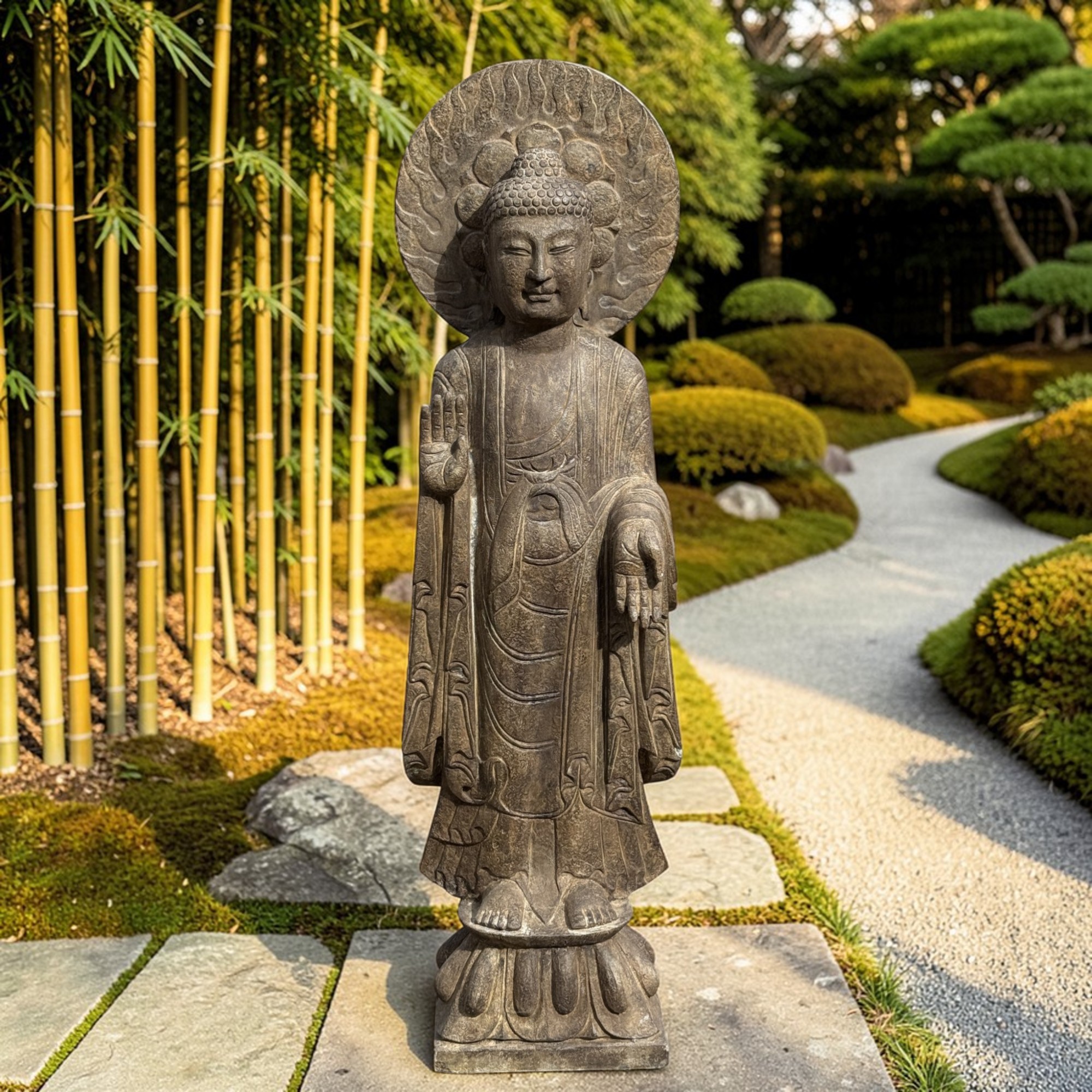 Garten Buddha Statue Naturstein Skulptur mit Aureole