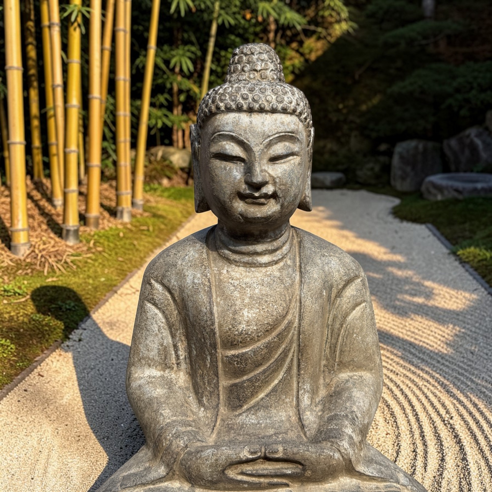 Buddha Skulptur Meditierend – 50cm Bluestone Naturstein Sichuan