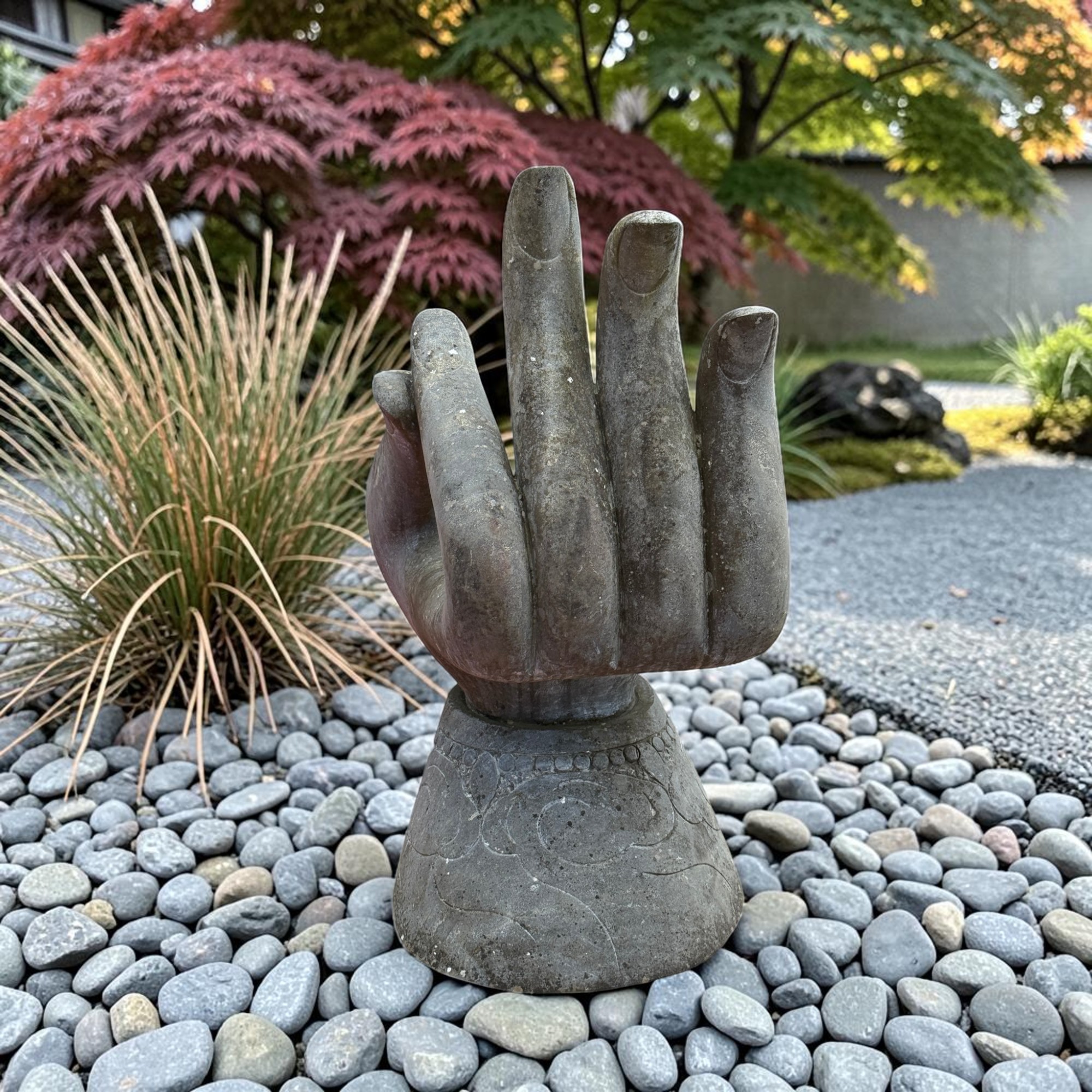 Buddha Hand mit Teaching Mudra aus Naturstein – Einzigartige Garten Sitzgelegenheit