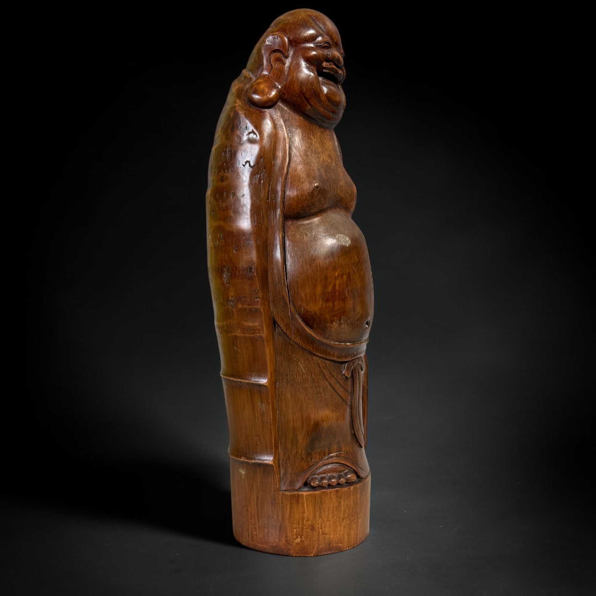 Alte Glücksbuddha Figur Lachender Buddha aus Bambusholz 46cm