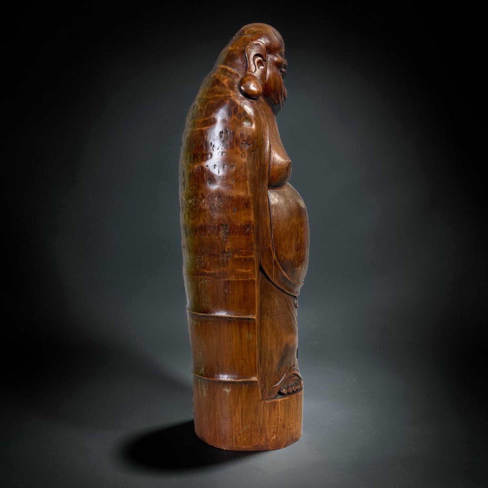 Alte Glücksbuddha Figur Lachender Buddha aus Bambusholz 46cm