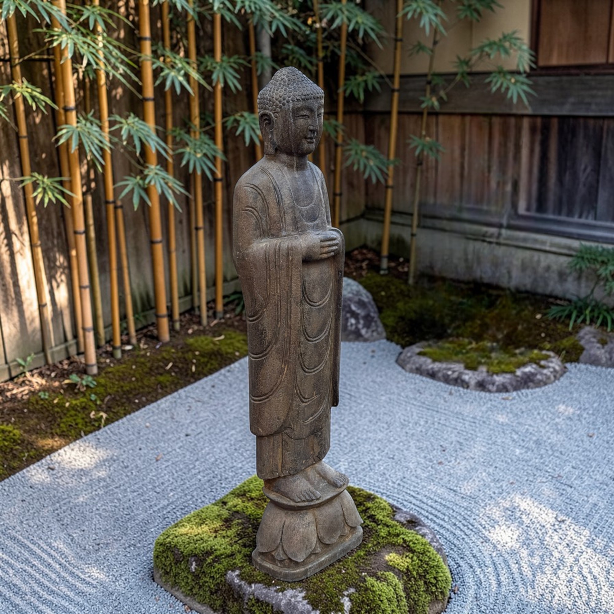 Große Garten Buddha Statue aus Naturstein mit ruhender Handhaltung