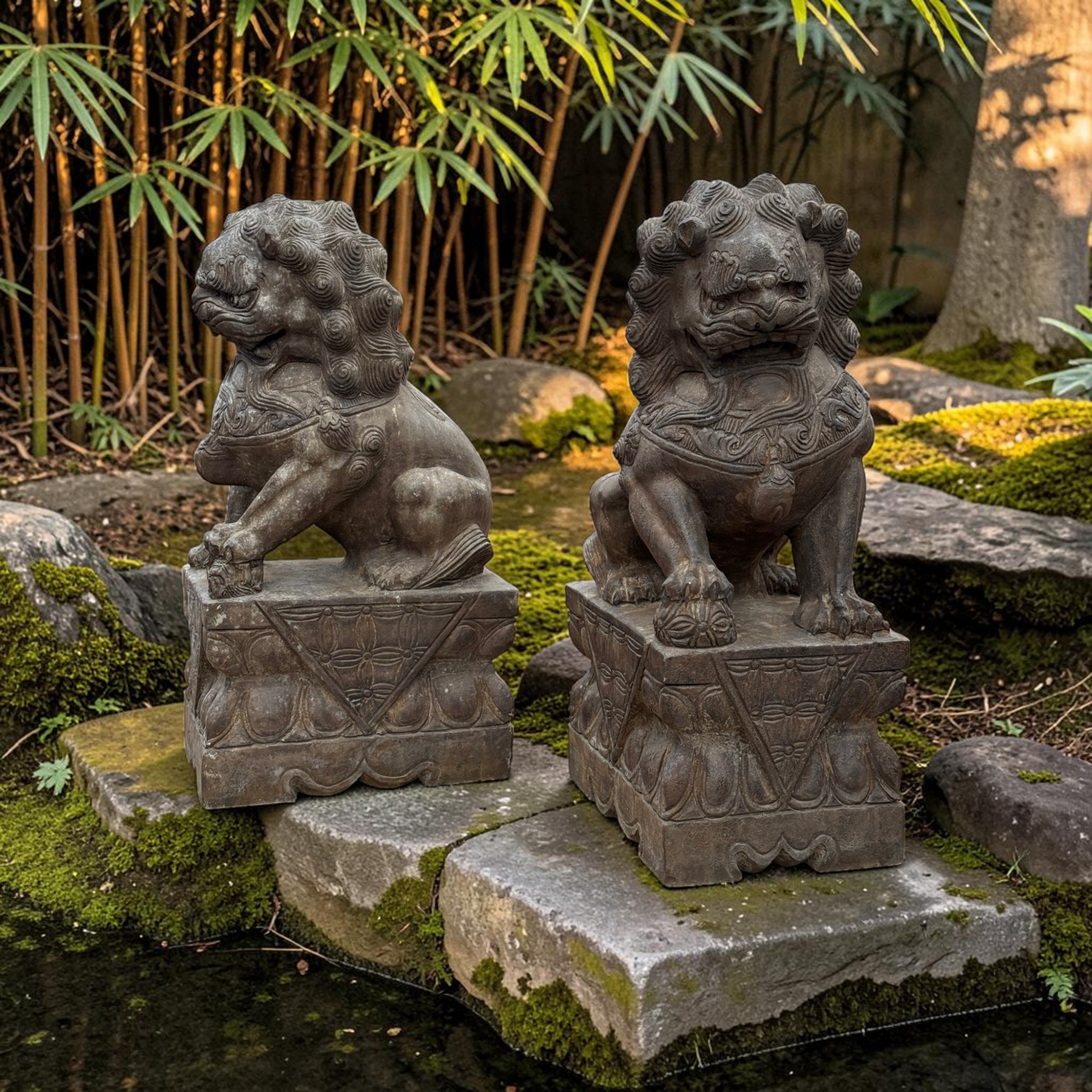 Wächterlöwen Paar aus Naturstein | Fu Dogs Tempellöwen 60cm | Tibet-China 70kg