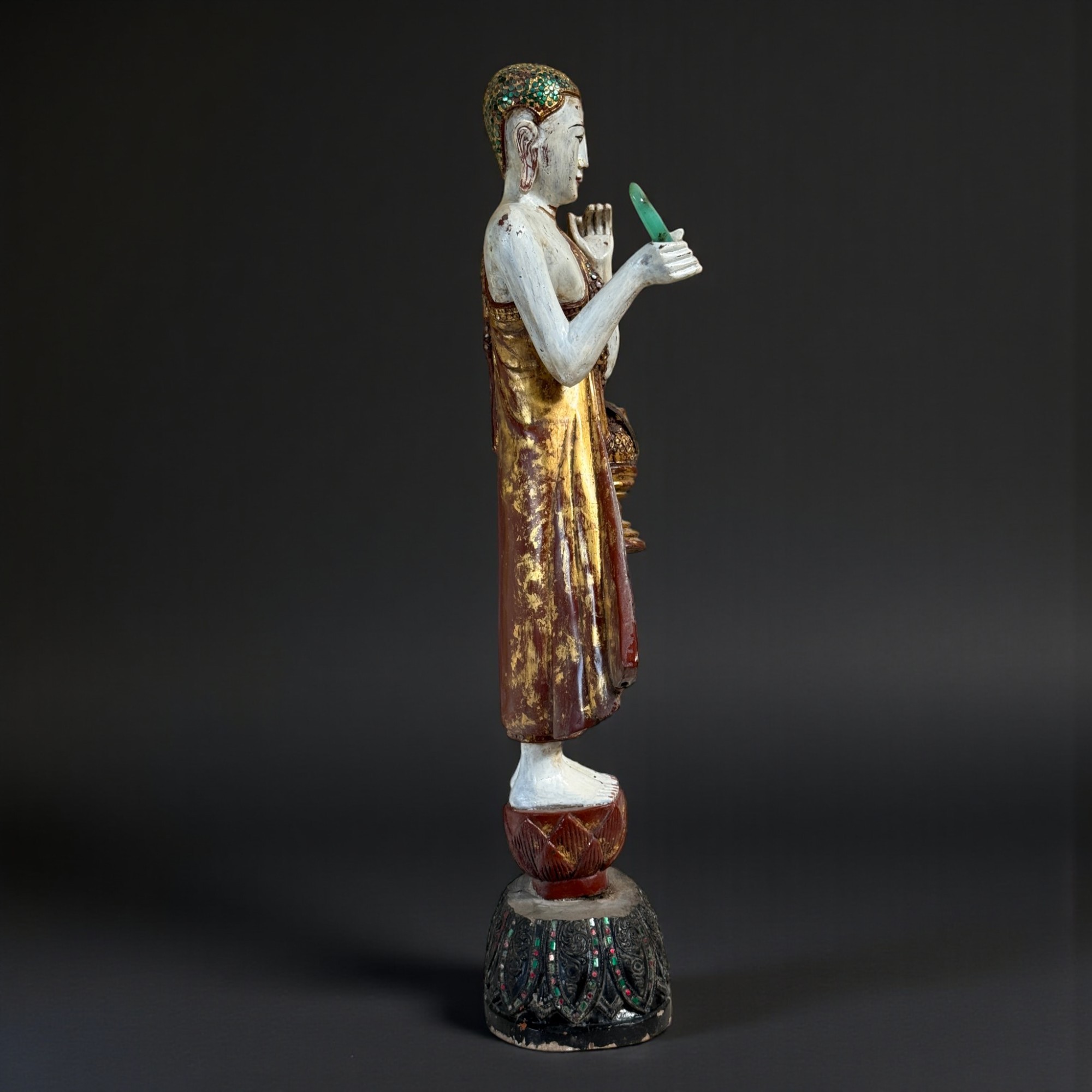Alter Burma Mönch Holz Figur Trommel Jadestab: Teak Lotussockel Vergoldet 88cm