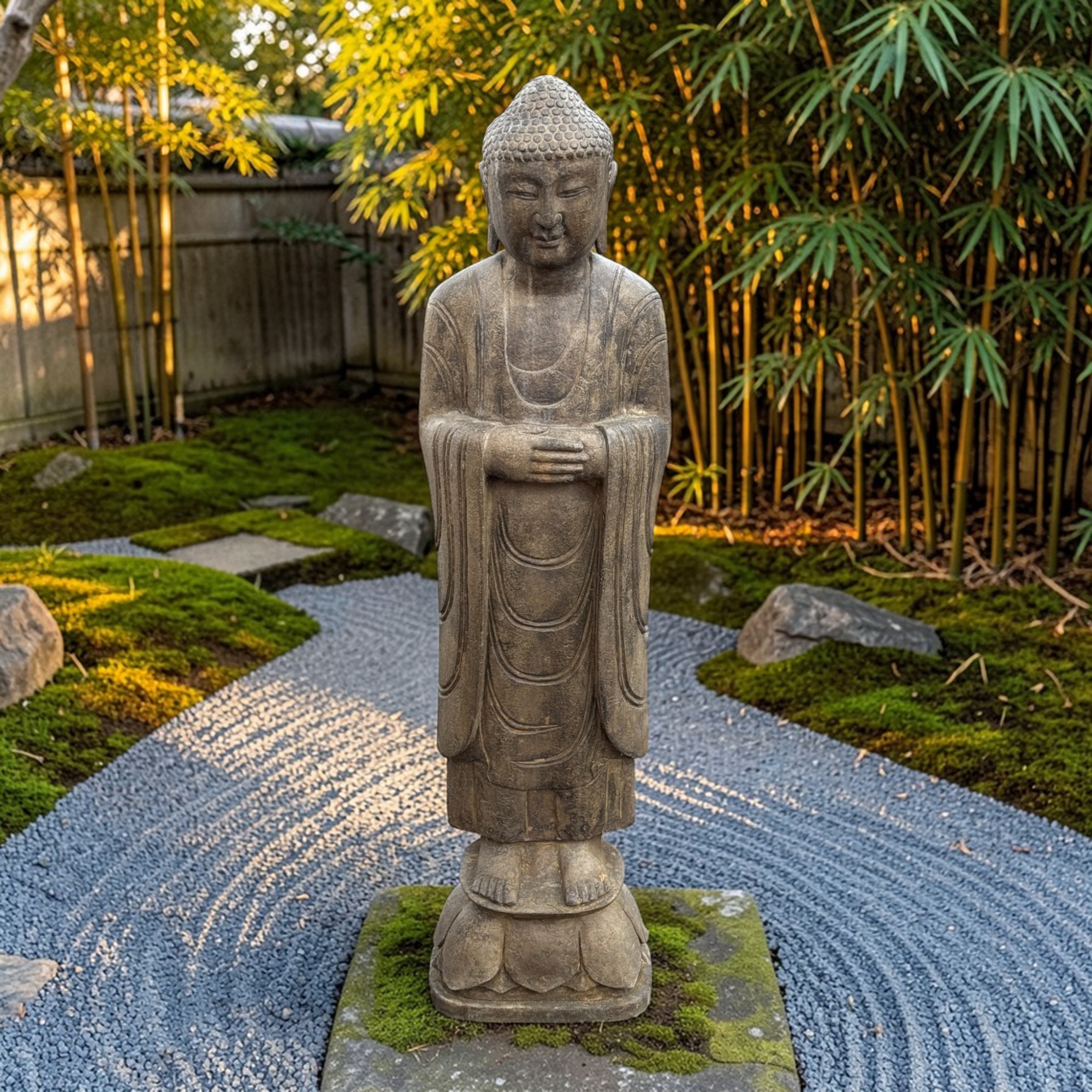 Große Garten Buddha Statue aus Naturstein mit ruhender Handhaltung