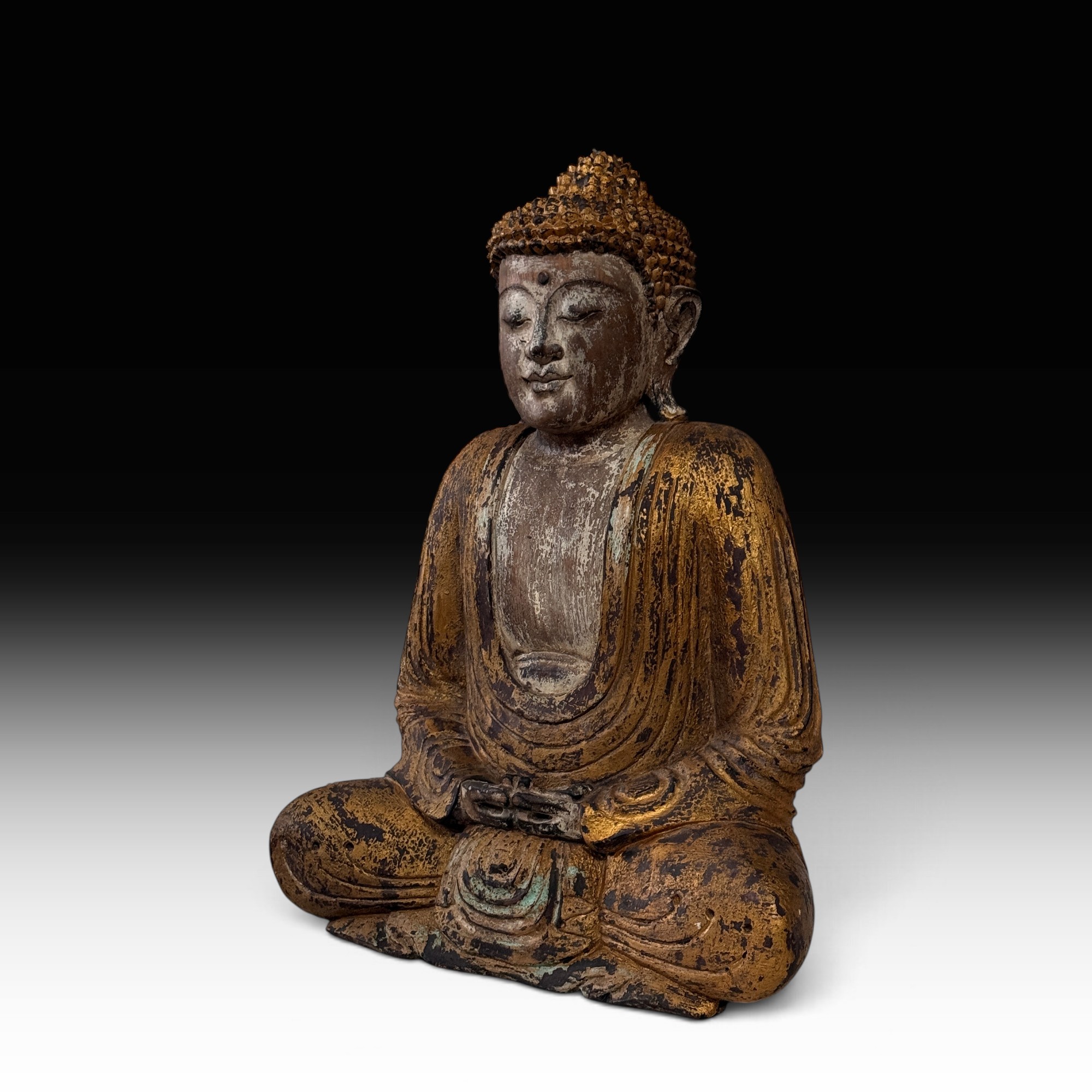 Vintage Buddha Statue Suarholz – Meditation Skulptur mit Goldpatina, 61 cm