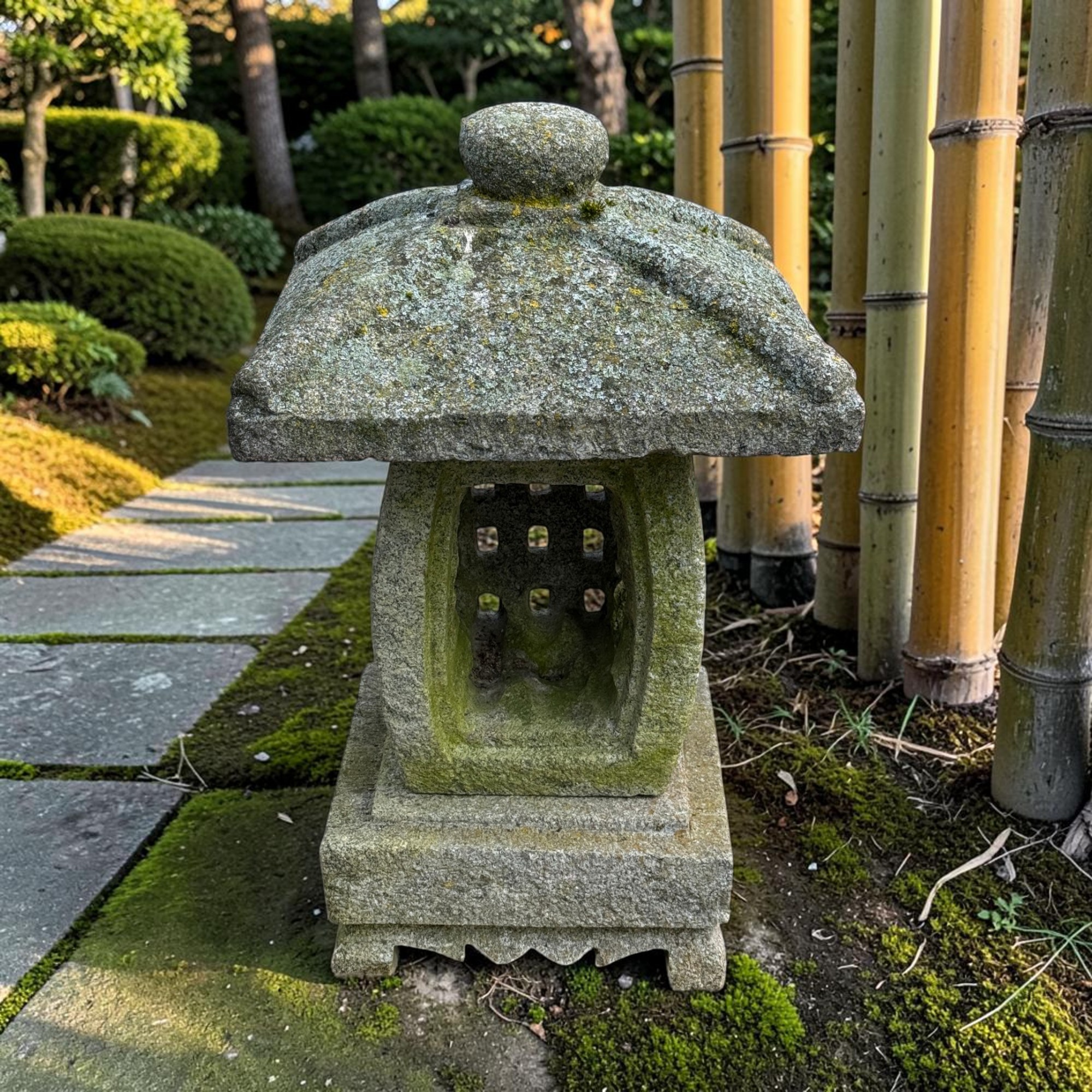 Alte Japanische Steinlaterne Granit 62cm - Ikekomi-Stil - Bemoost & Frostfest