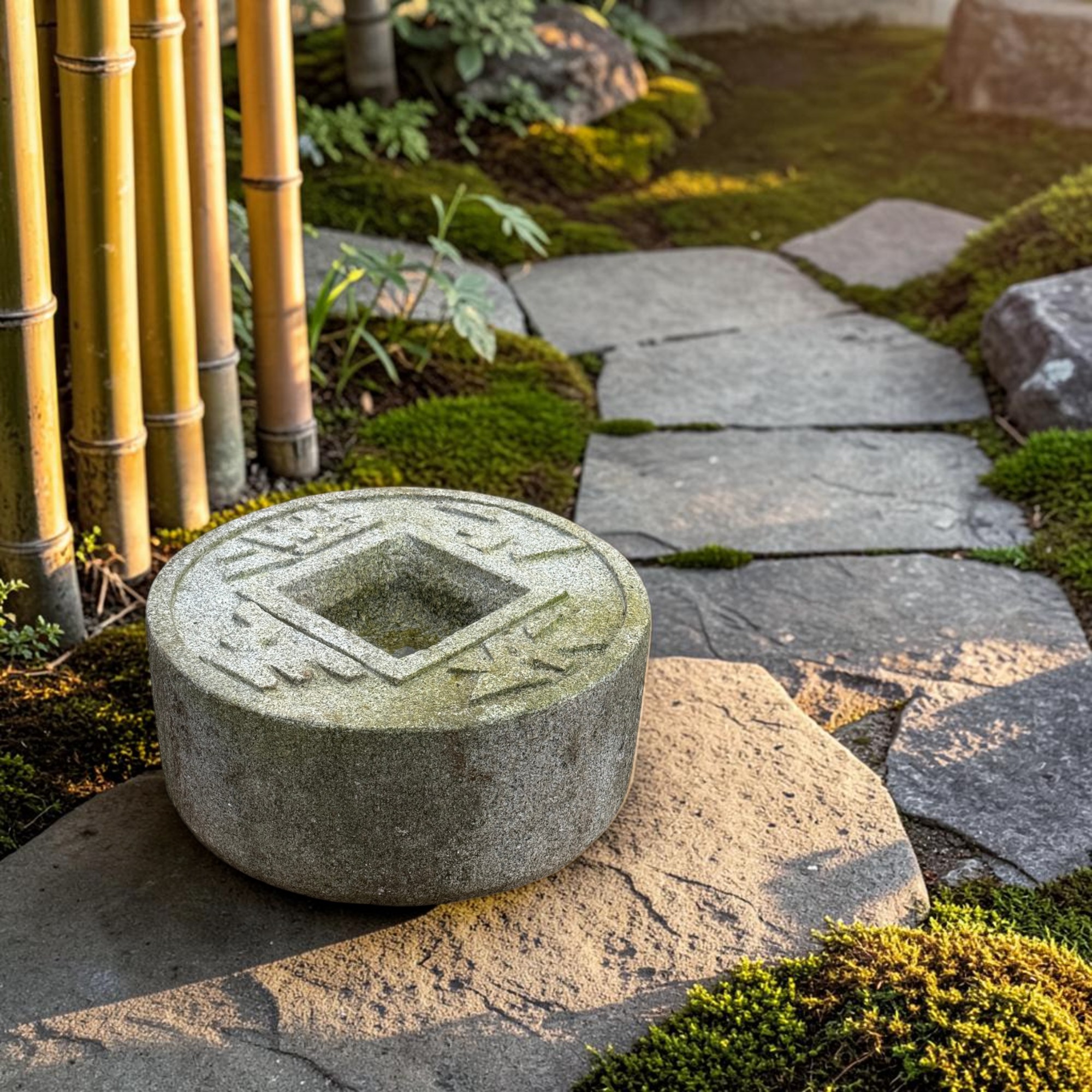 Altes Japanisches Tsukubai Steinbecken Granit - Zen-Münzbecken - 45cm Bemoost