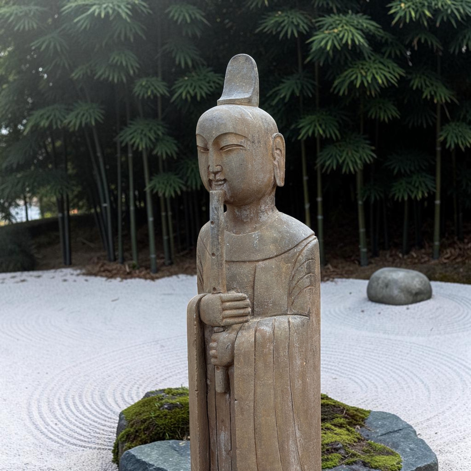 Chinesischer Gelehrter mit Bambusflöte Naturstein Garten Statue 121cm