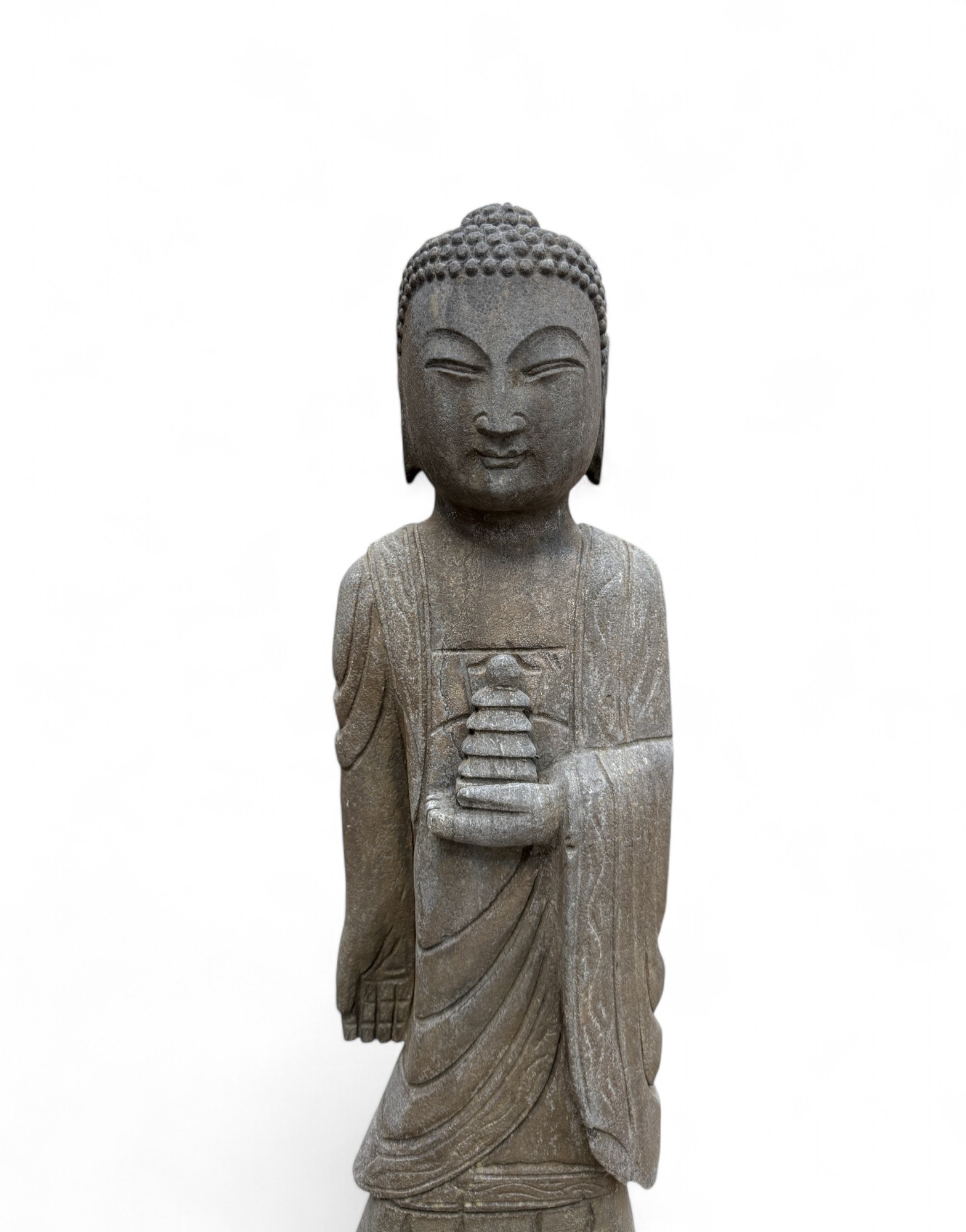 Naturstein Buddha mit Pagode – Stehende Statue, Tibet/China, 70 cm