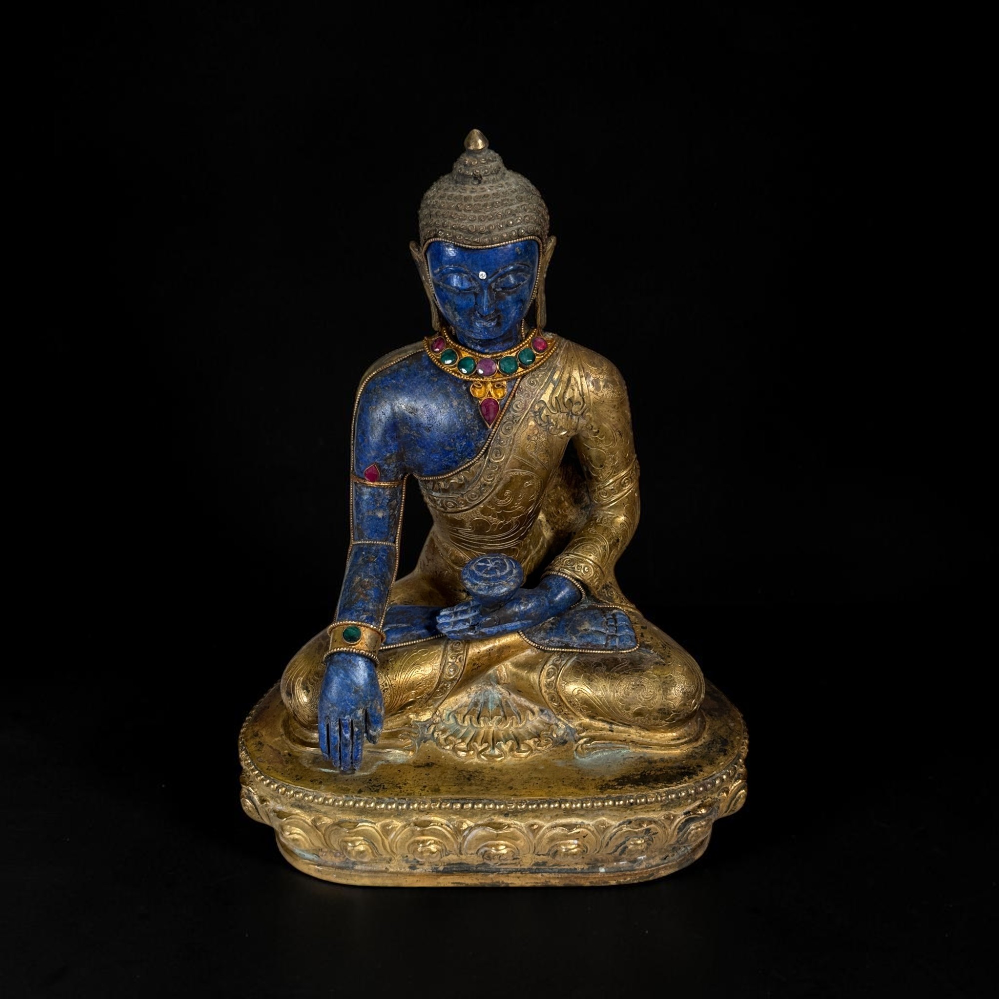 Siddharta Gautama Buddha Statue vergoldete Bronze mit Lapis Lazuli Nepal
