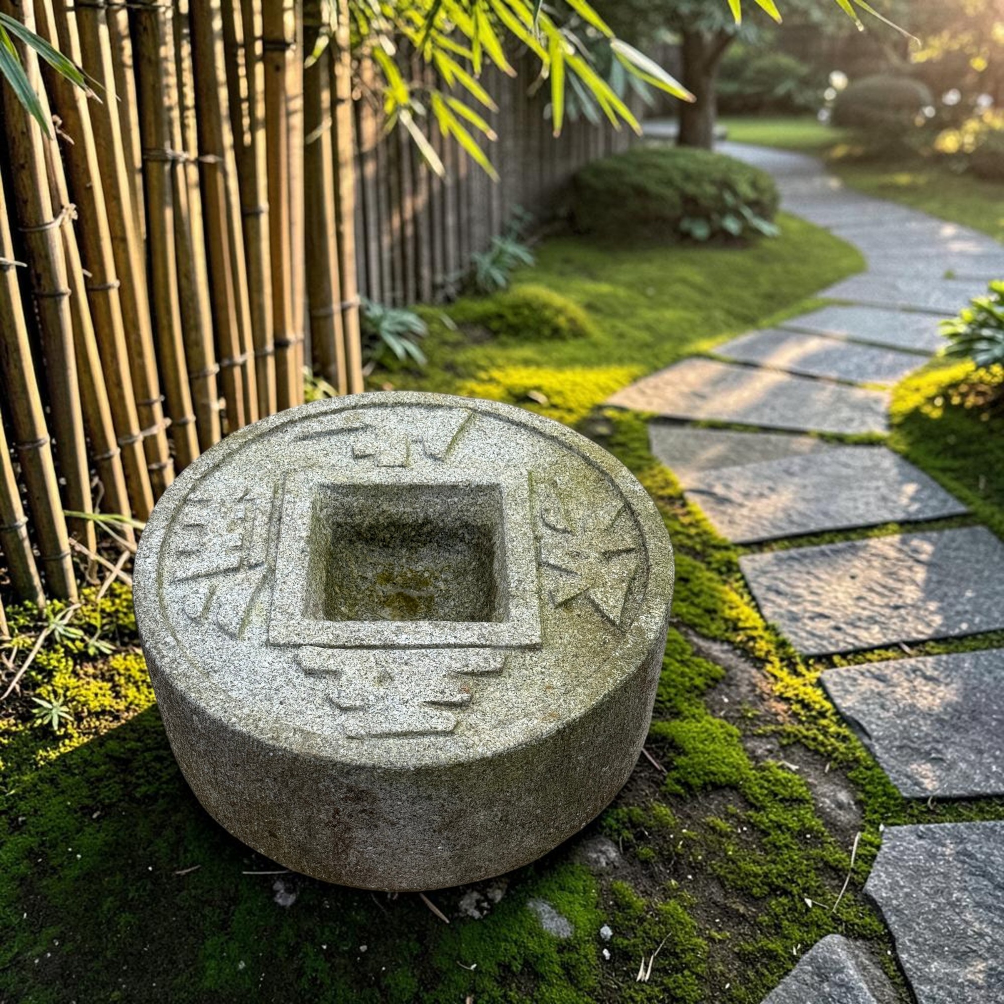 Altes Japanisches Tsukubai Steinbecken Granit - Zen-Münzbecken - 45cm Bemoost