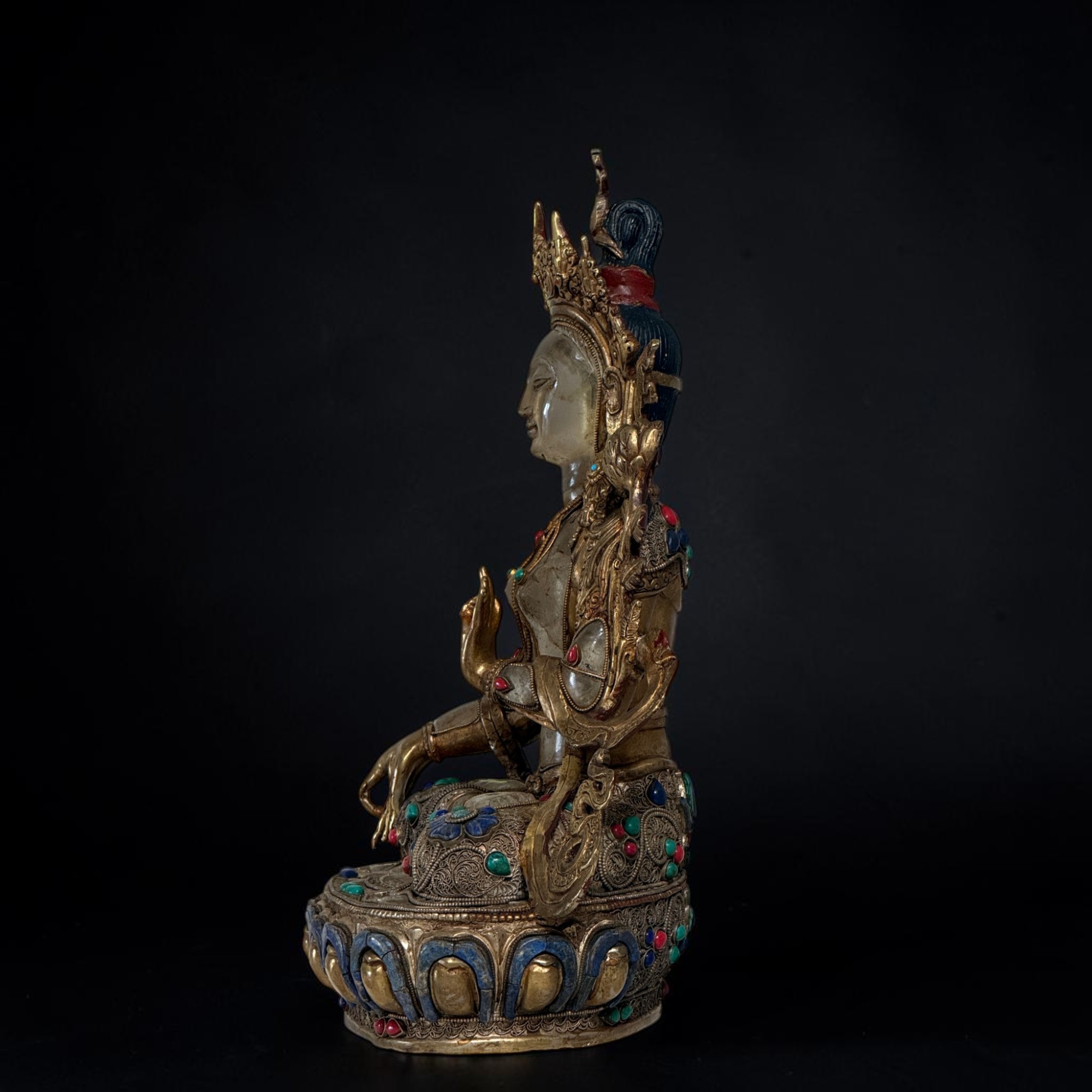 Weiße Tara Bronze Figur Statue Nepal vergoldet mit Edelsteinen 34cm