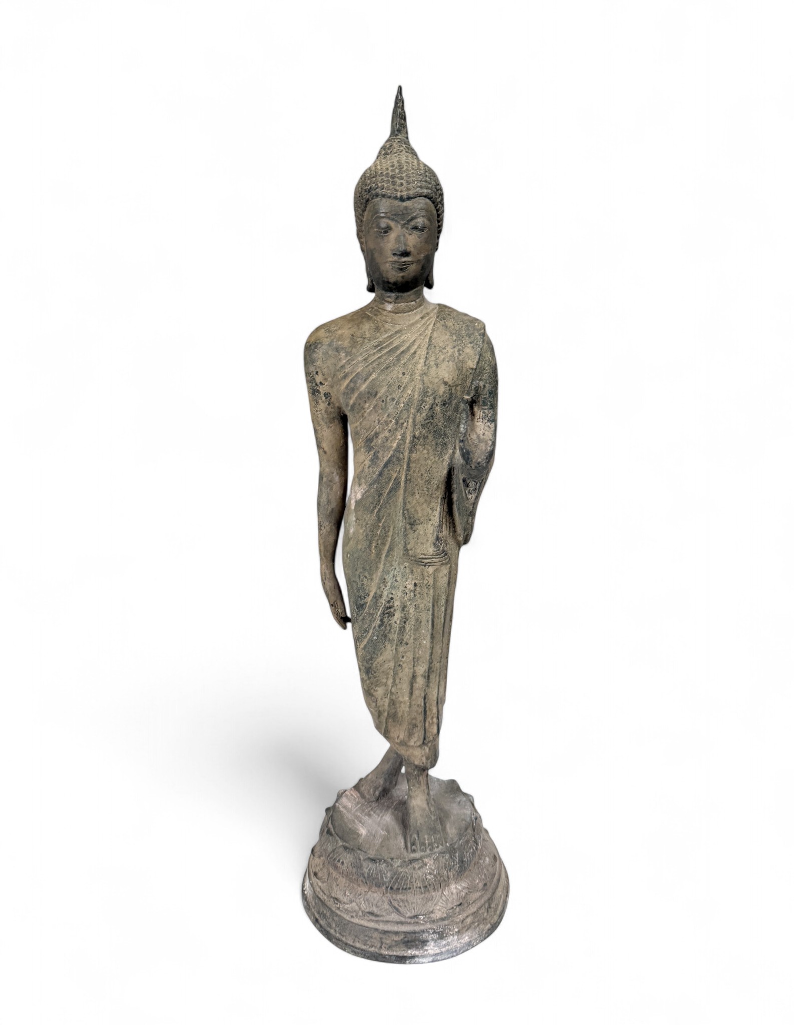 Walking Buddha aus Bronze – Thailand – 65,5 cm – Alte Bronzefigur aus deutscher Sammlungsauflösung