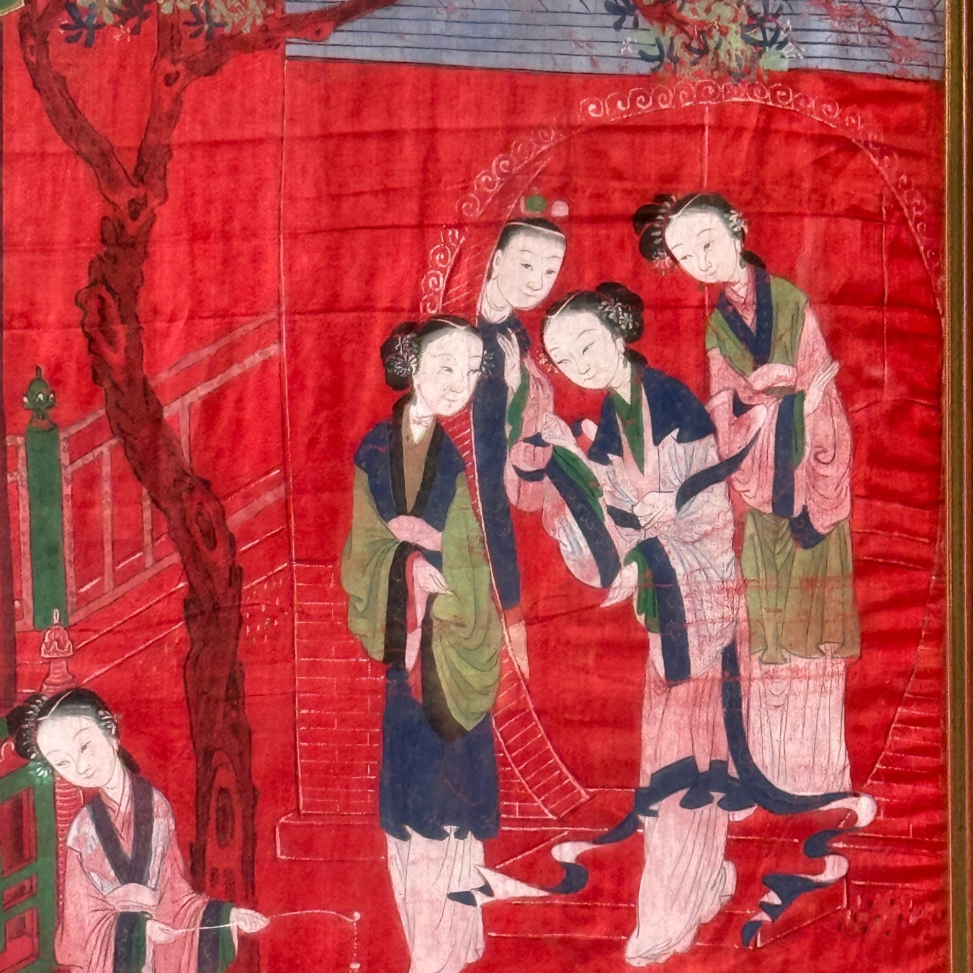 Chinesische Malerei auf Seide – Hofdamen im Palastgarten, gerahmt, 65 x 46 cm