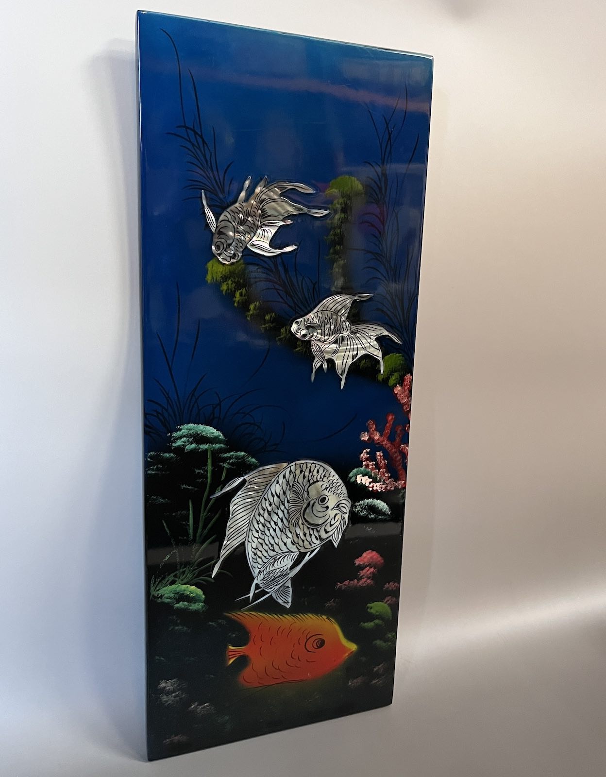 Asiatisches Wandbild Holz Lackbild Perlmutt mit Fische 48 cm