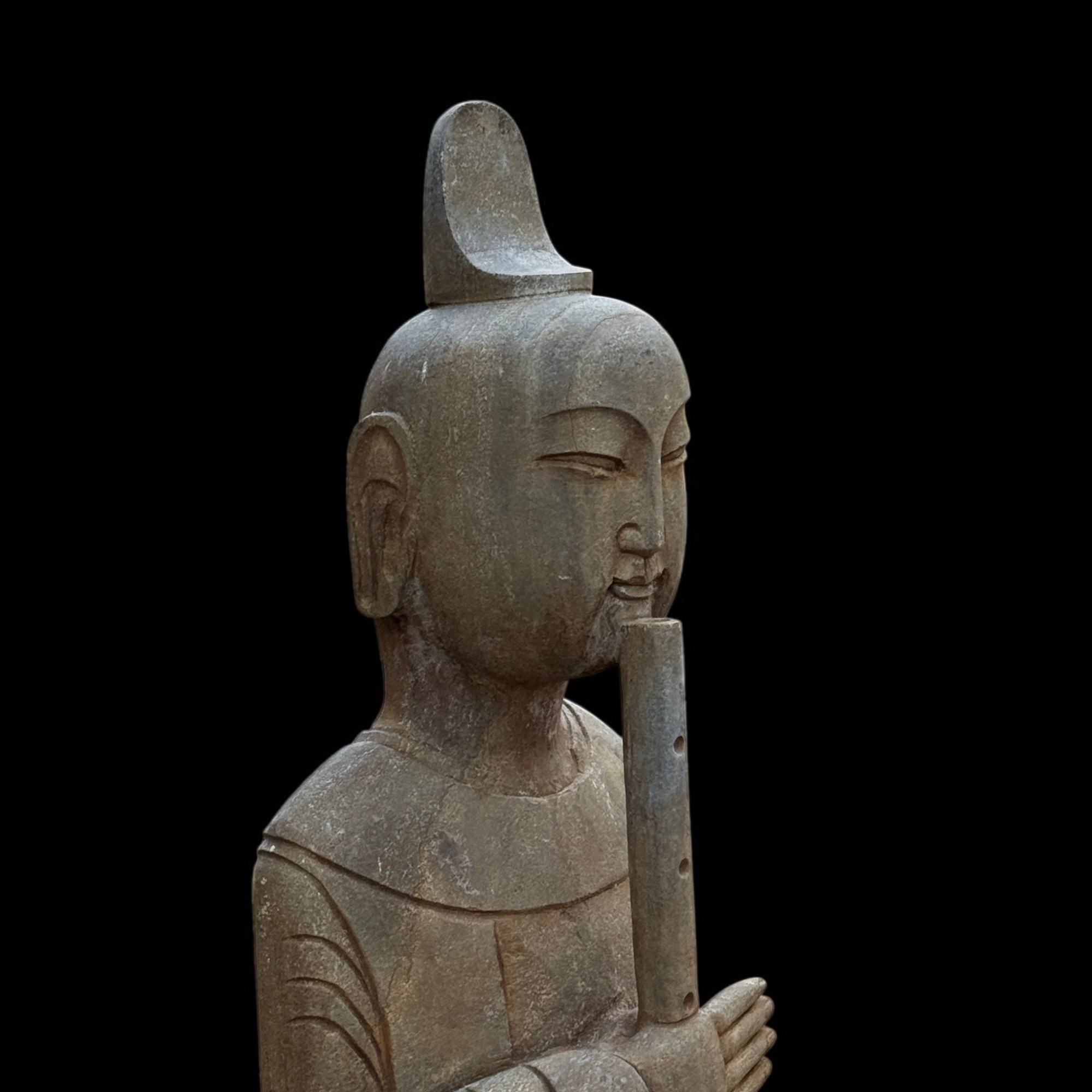 Chinesischer Gelehrter mit Bambusflöte Naturstein Garten Statue 121cm