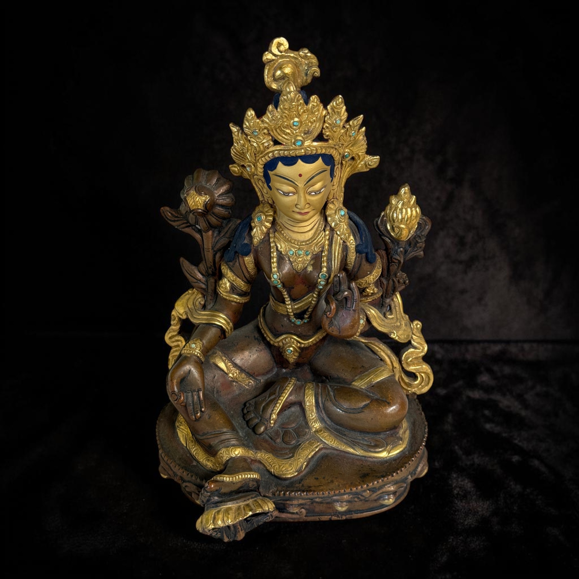 Grüne Tara Bronze Figur Nepal teilvergoldet & Türkissteinchen 21 cm