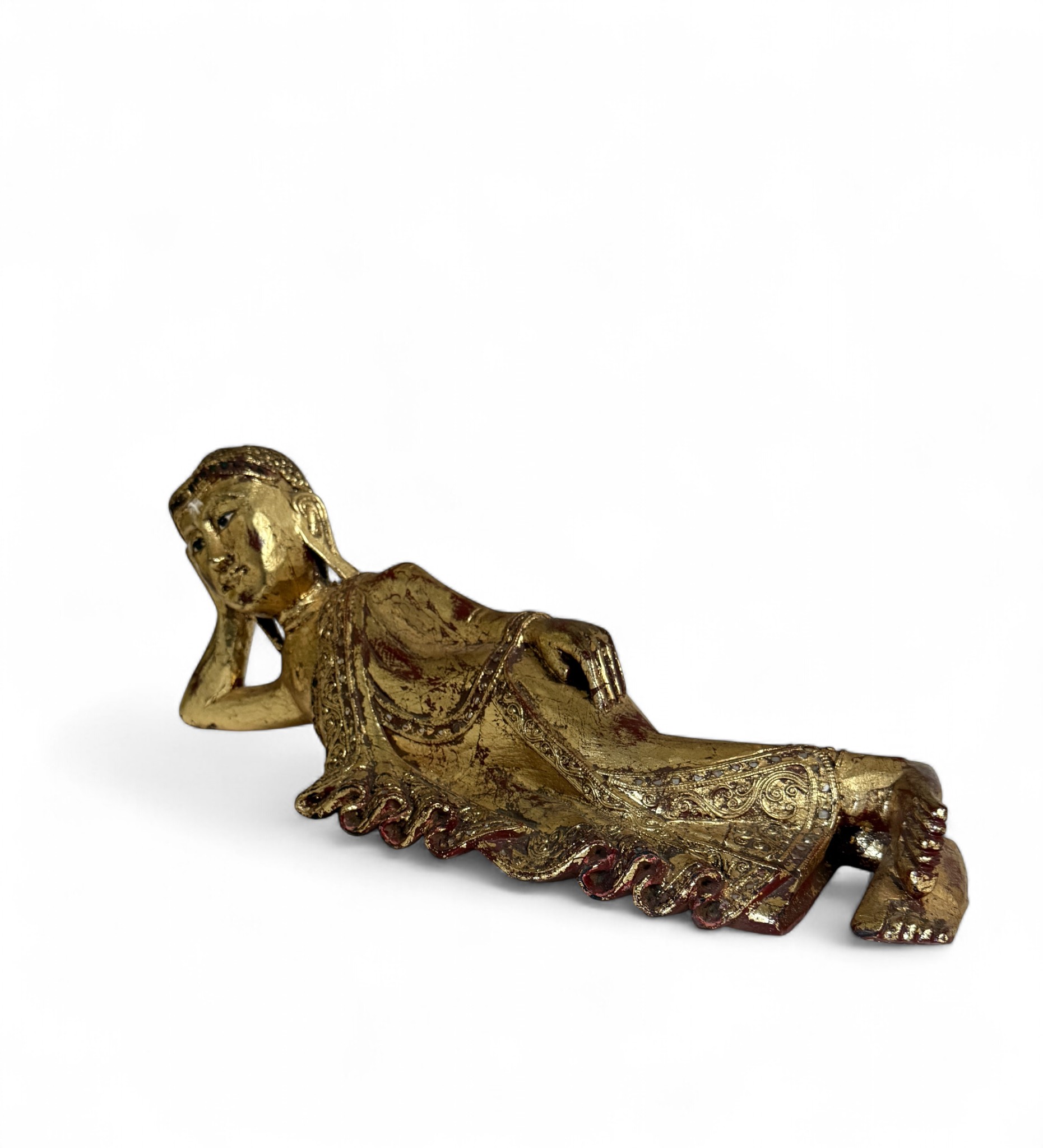 Nirvana Holz Buddha Figur aus Thailand, blattvergoldet