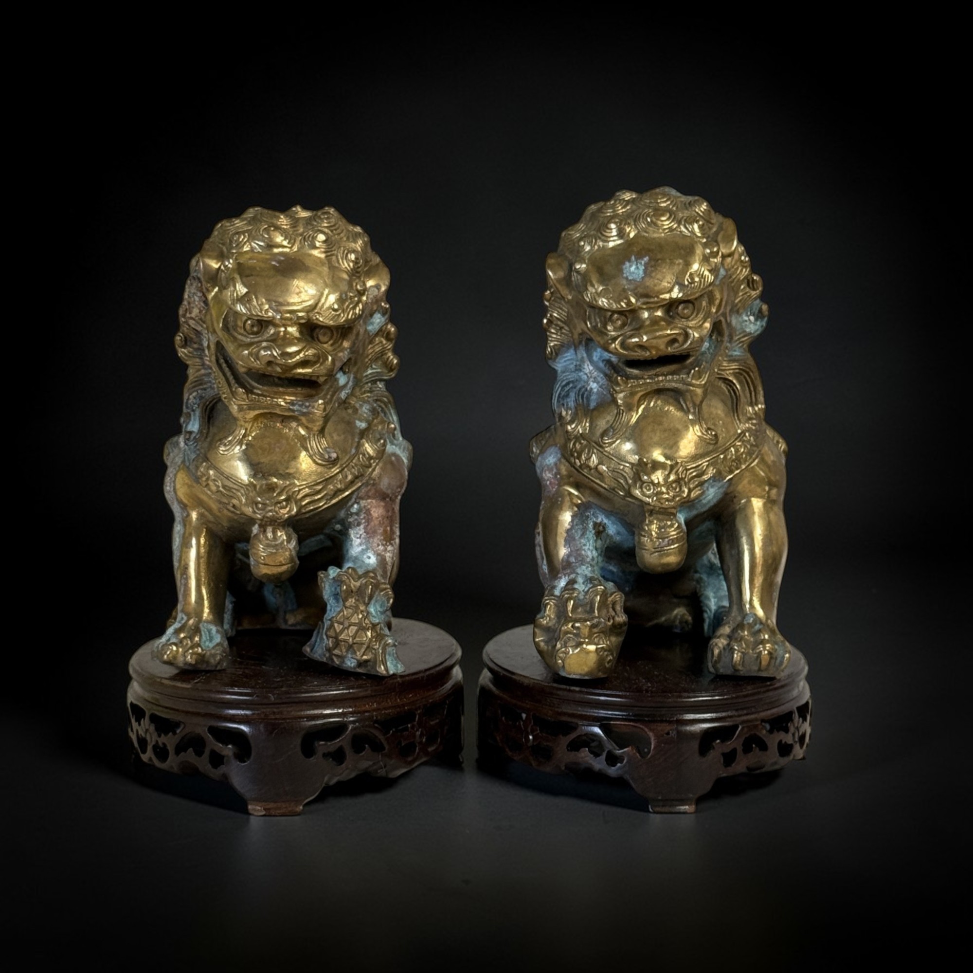 Paar alte Tempellöwen Bronze – Sammlernachlass – auf Holzpodest (20cm)