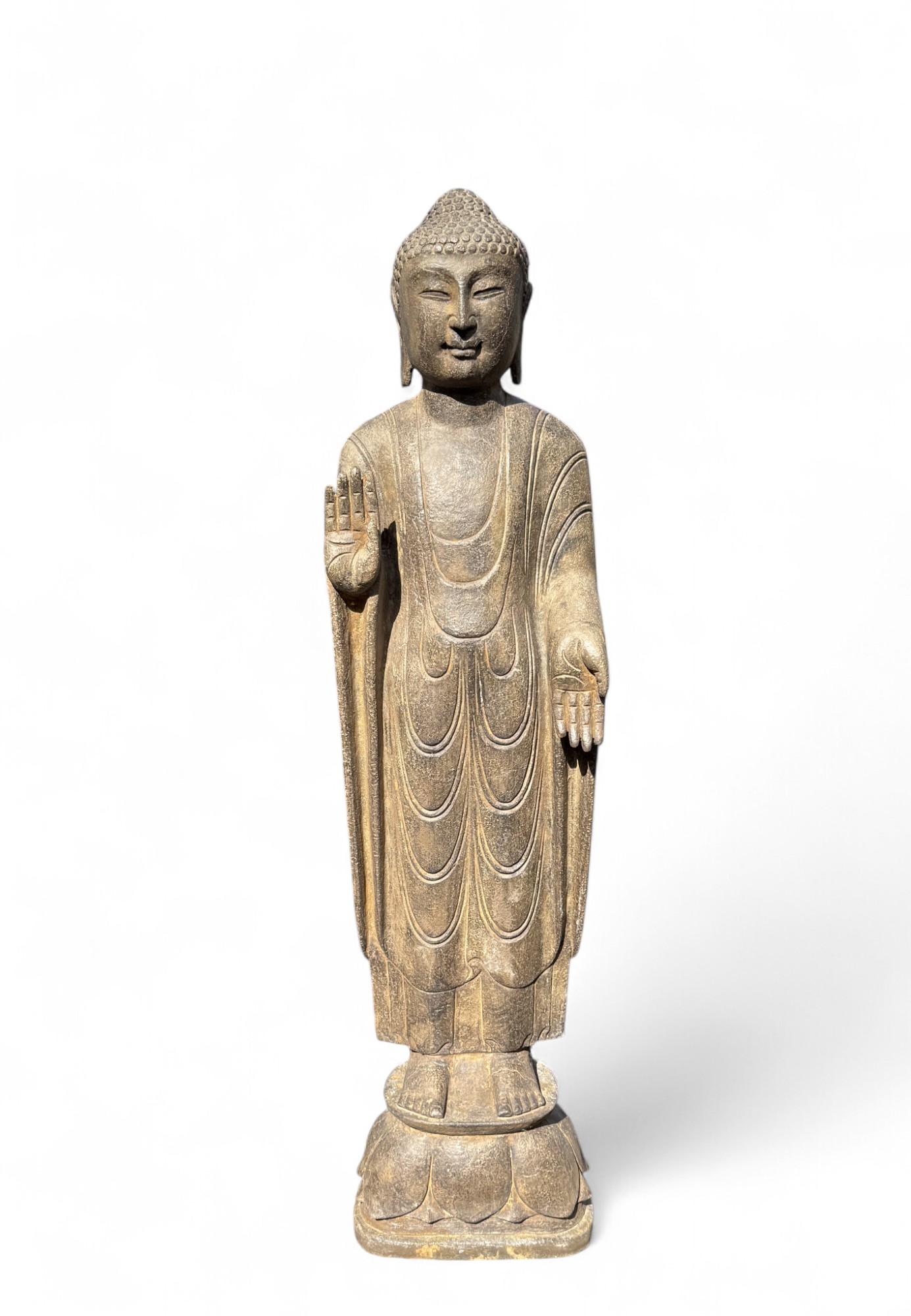Stein Buddha 120 cm – Natursteinfigur mit Schutz- & Segnungsgeste