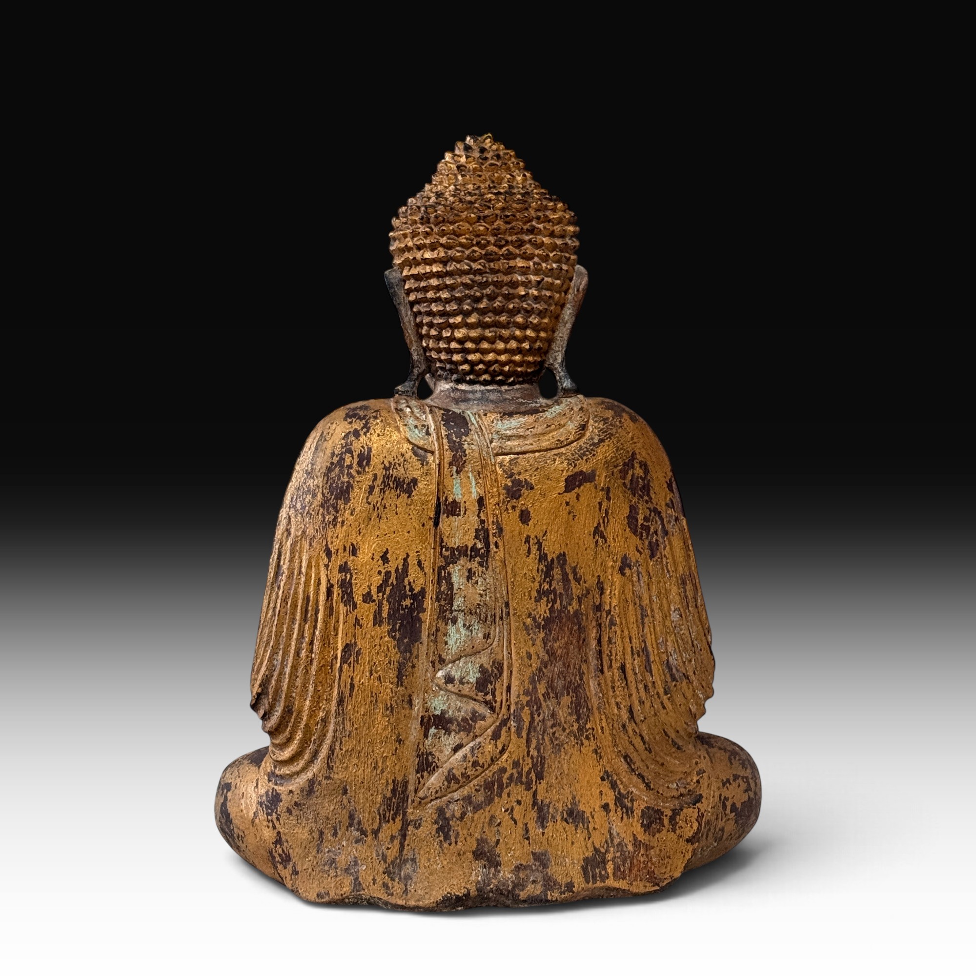 Vintage Buddha Statue Suarholz – Meditation Skulptur mit Goldpatina, 61 cm