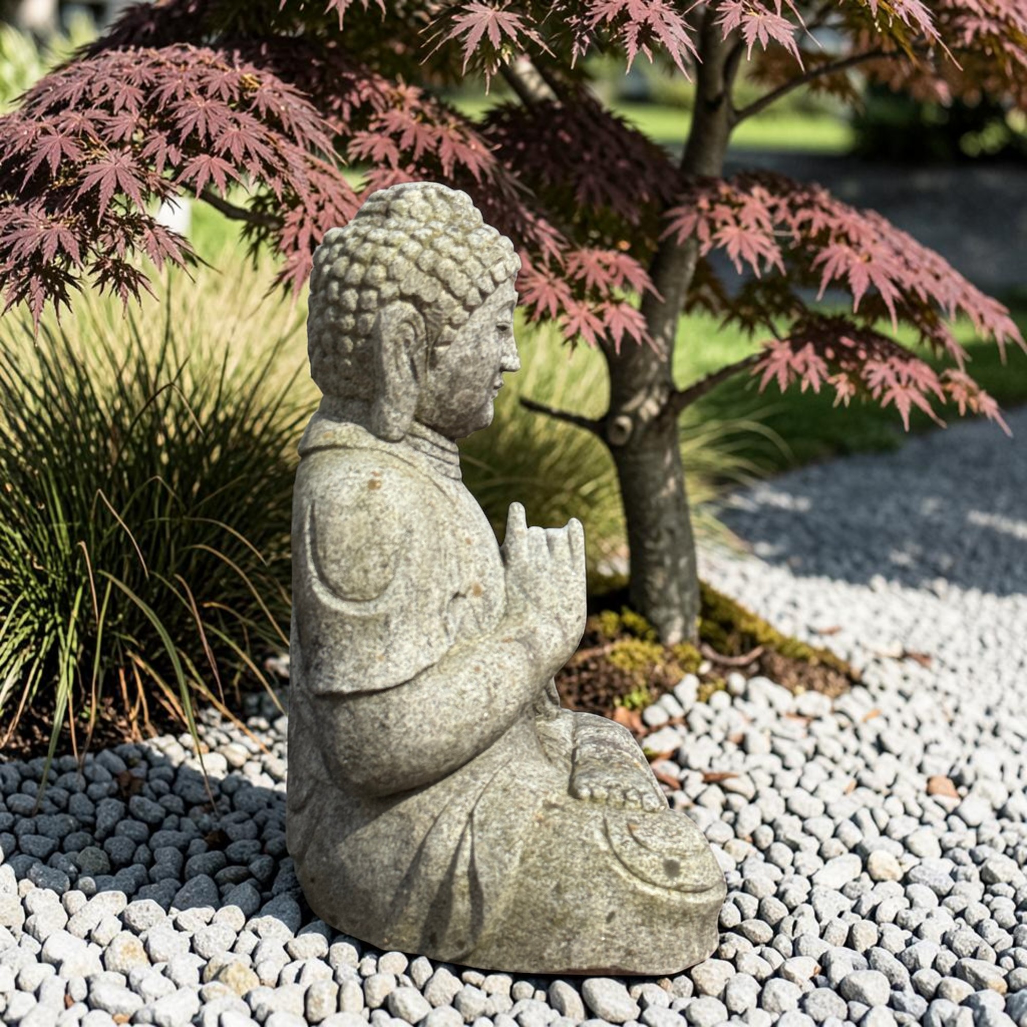 Granit Buddha Statue Dharmachakra Mudra – Handgeschlagene Steinfigur 53 cm