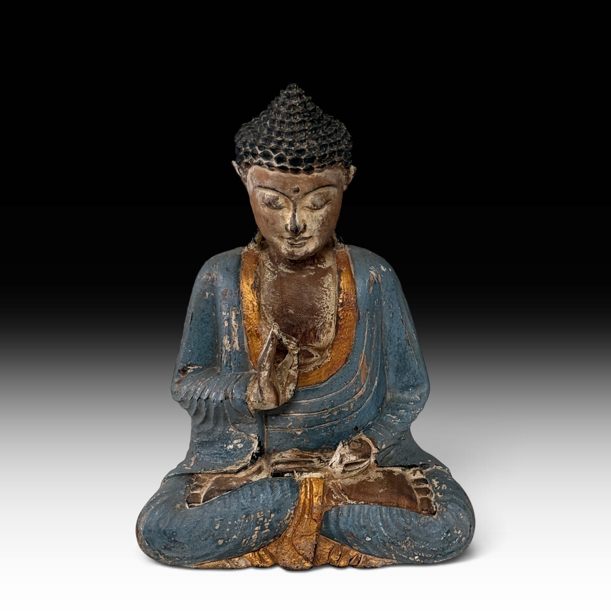 Vintage Buddha Statue Suarholz blau gold – Vitarka Mudra Holzfigur, 44 cm