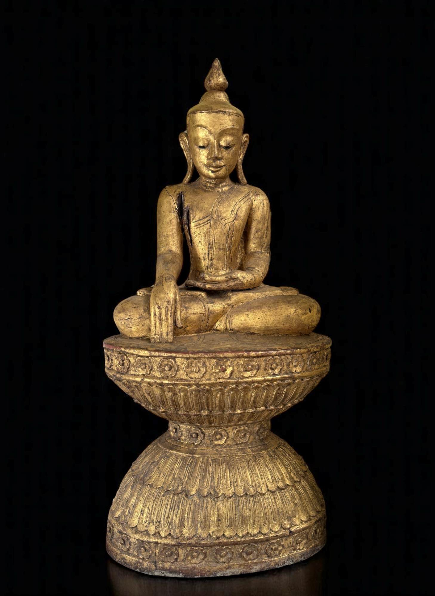 Alte Buddha Statue aus Burma Ava Stil - Teak Holz, 105 cm groß