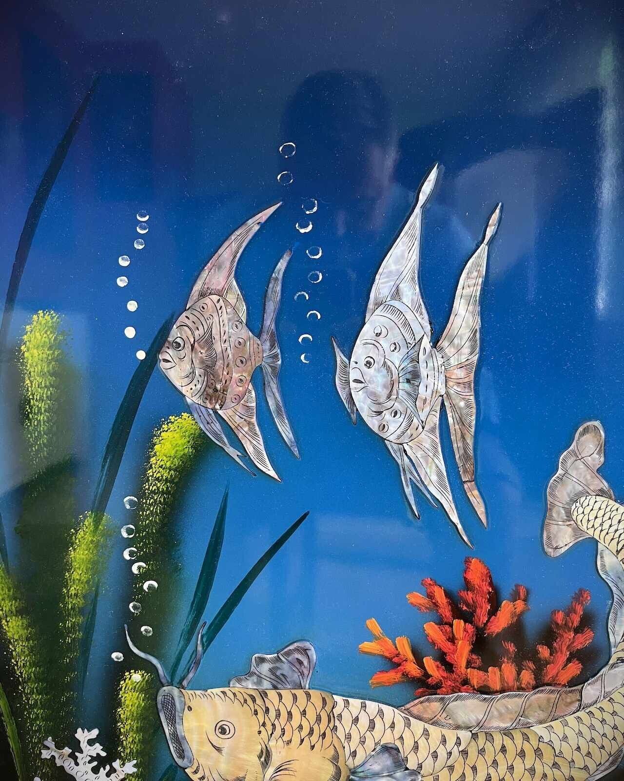 Asiatisches Wandbild Holz Lackbild Perlmutt mit Fische 100 cm Asiatisches Wandbild Holz Lackbild Perlmutt mit Fische 100 cm