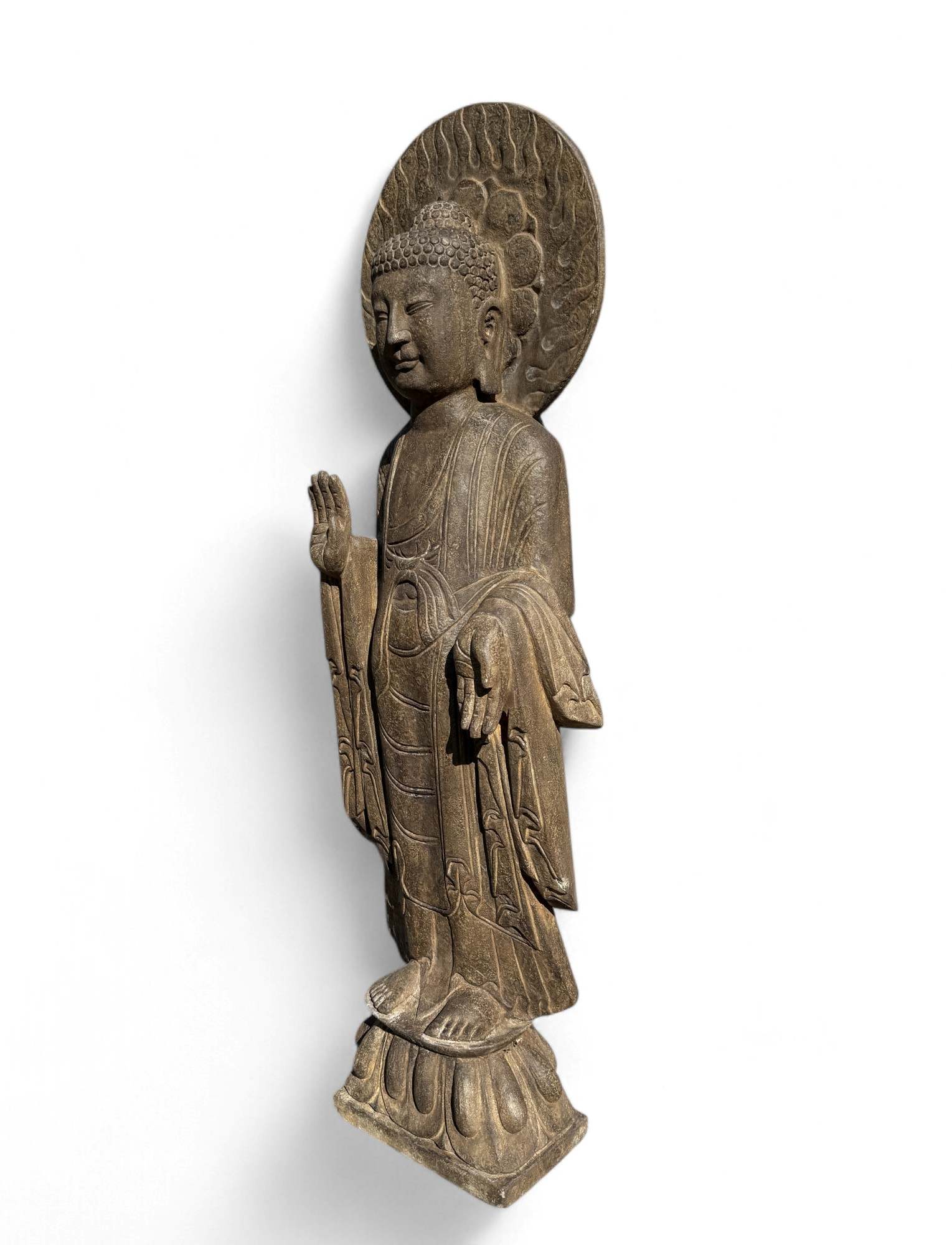 Garten Buddha Statue Naturstein Skulptur mit Aureole