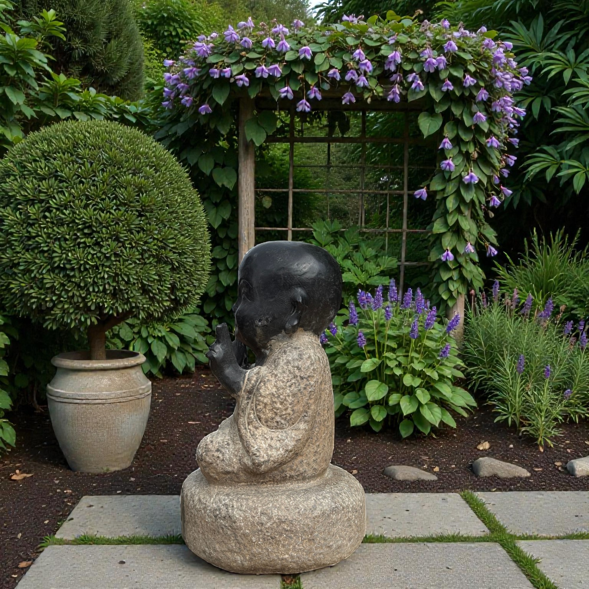 Zen Mönch Gartenfigur aus Naturstein Prana Mudra frostfest & witterungsbeständig