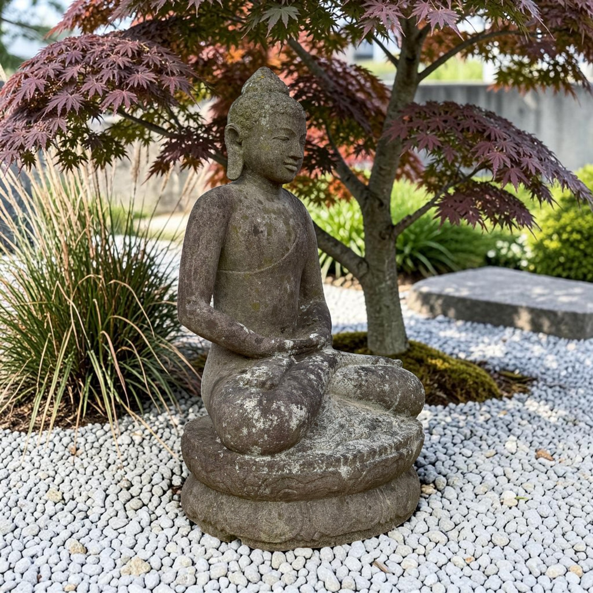 Flussstein Buddha Statue Java Borobudur Stil – Handgeschlagene Steinfigur 81 cm