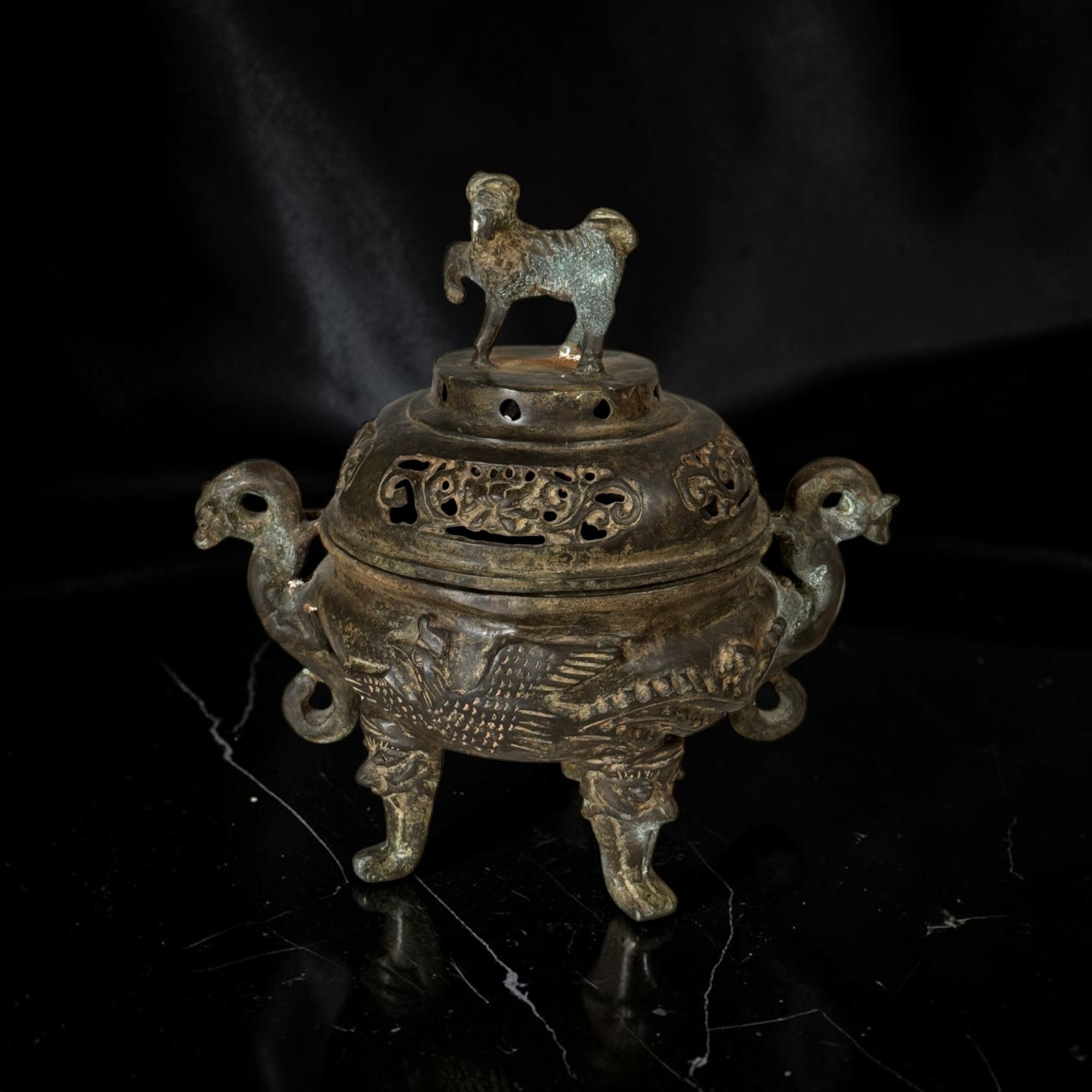 Altes chinesisches Räuchergefäß Bronze Eisen Drachen & Phönix