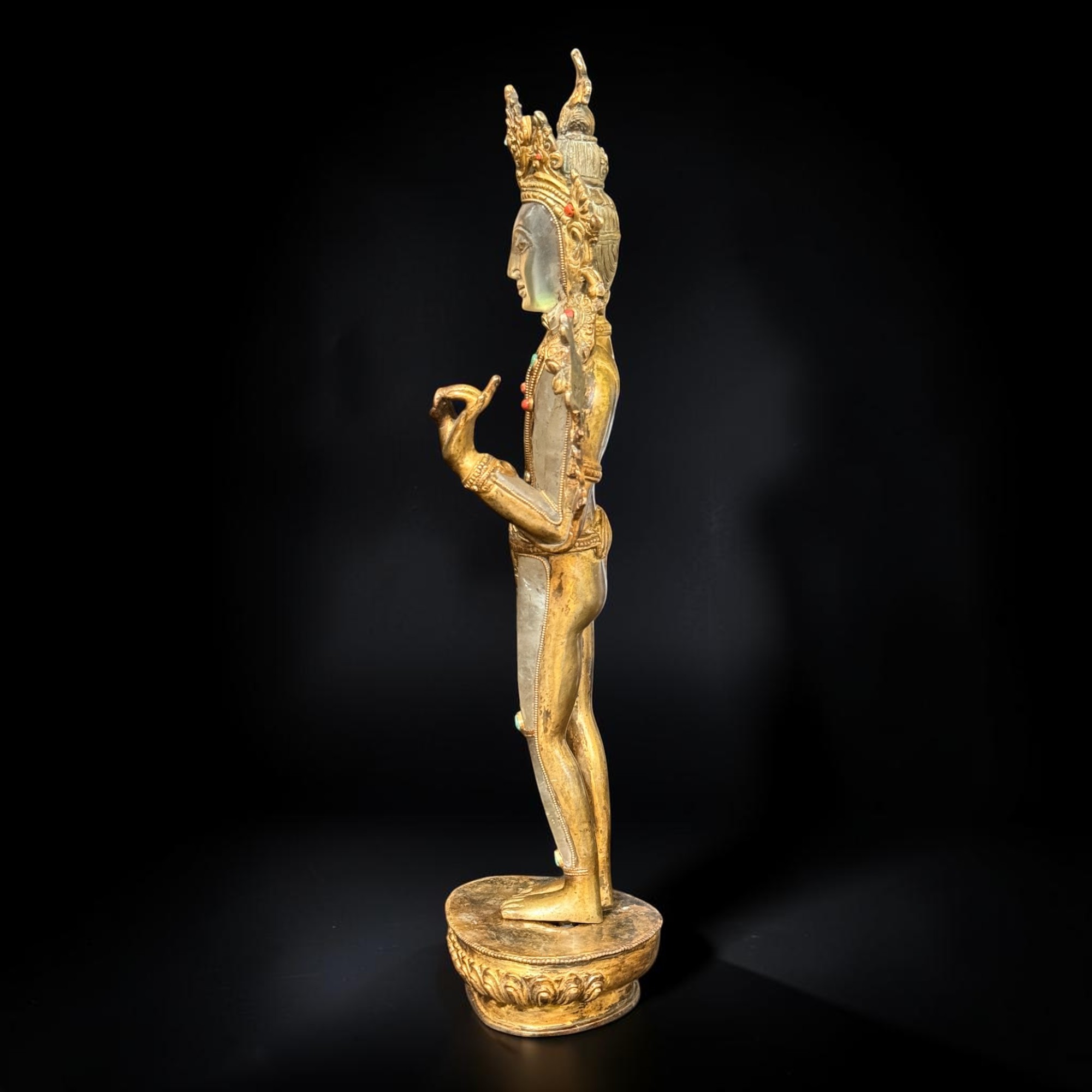 Stehende Grüne Tara Figur – Bergkristall & vergoldete Bronze, Nepal