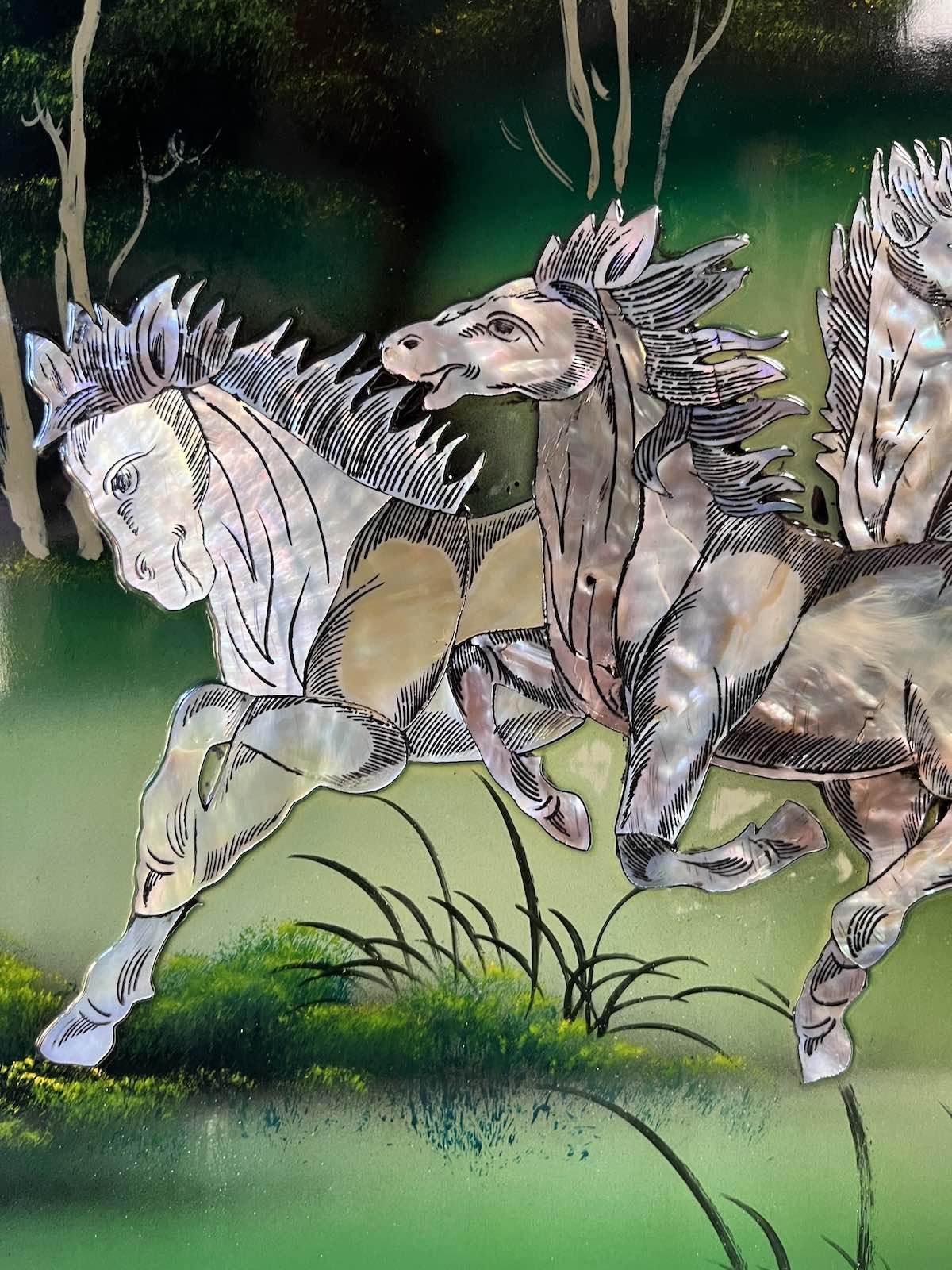 Asiatisches Wandbild Holz Lackbild Perlmutt Wanddeko - Pferde