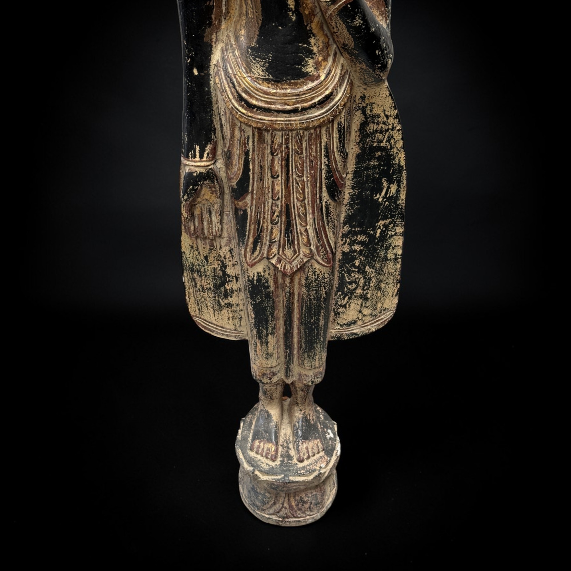 Königlicher Teakholz-Buddha Burma, 166 cm, 19. Jahrhundert – Seltene Herz-Mudra