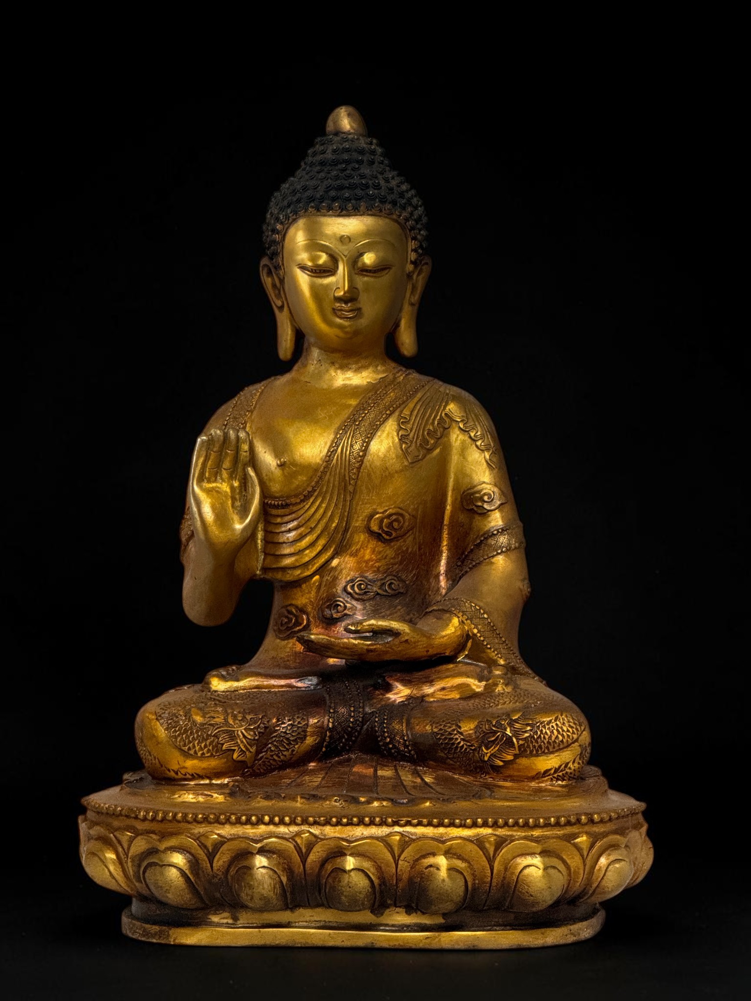 Bronze-Buddha 44 cm – Schutzgeste & Drachen – Sichuan China