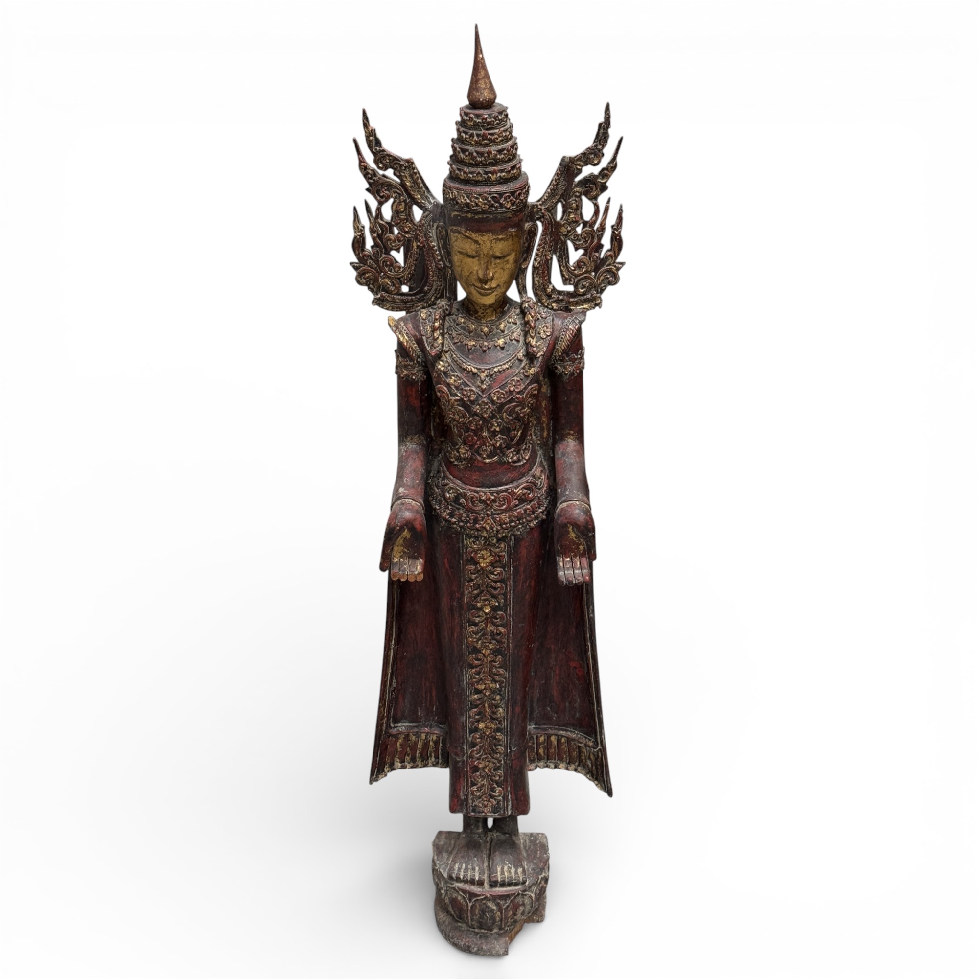 Königs-Buddha Statue Birma Teak Holz Skulptur Wunschgewährungs Geste