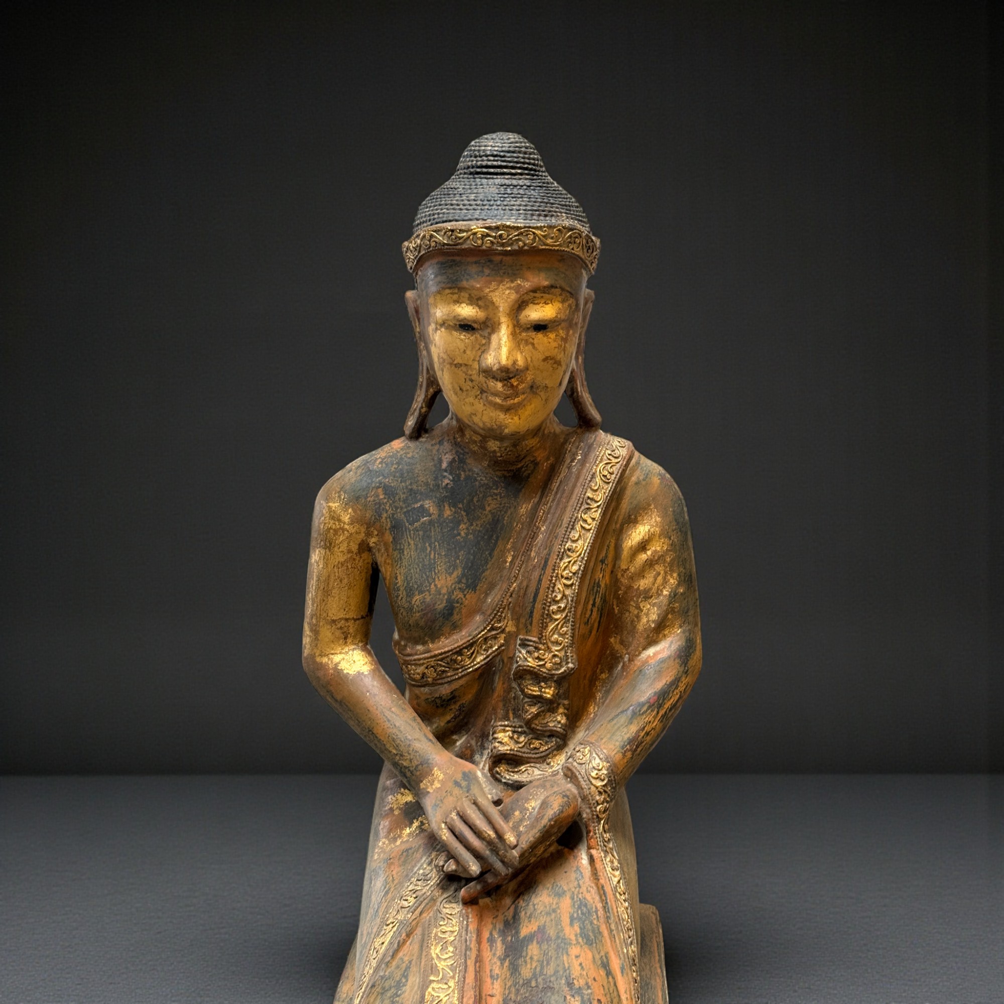 Alte Burma Buddha Skulptur Lacquerware teilvergoldet 100 cm