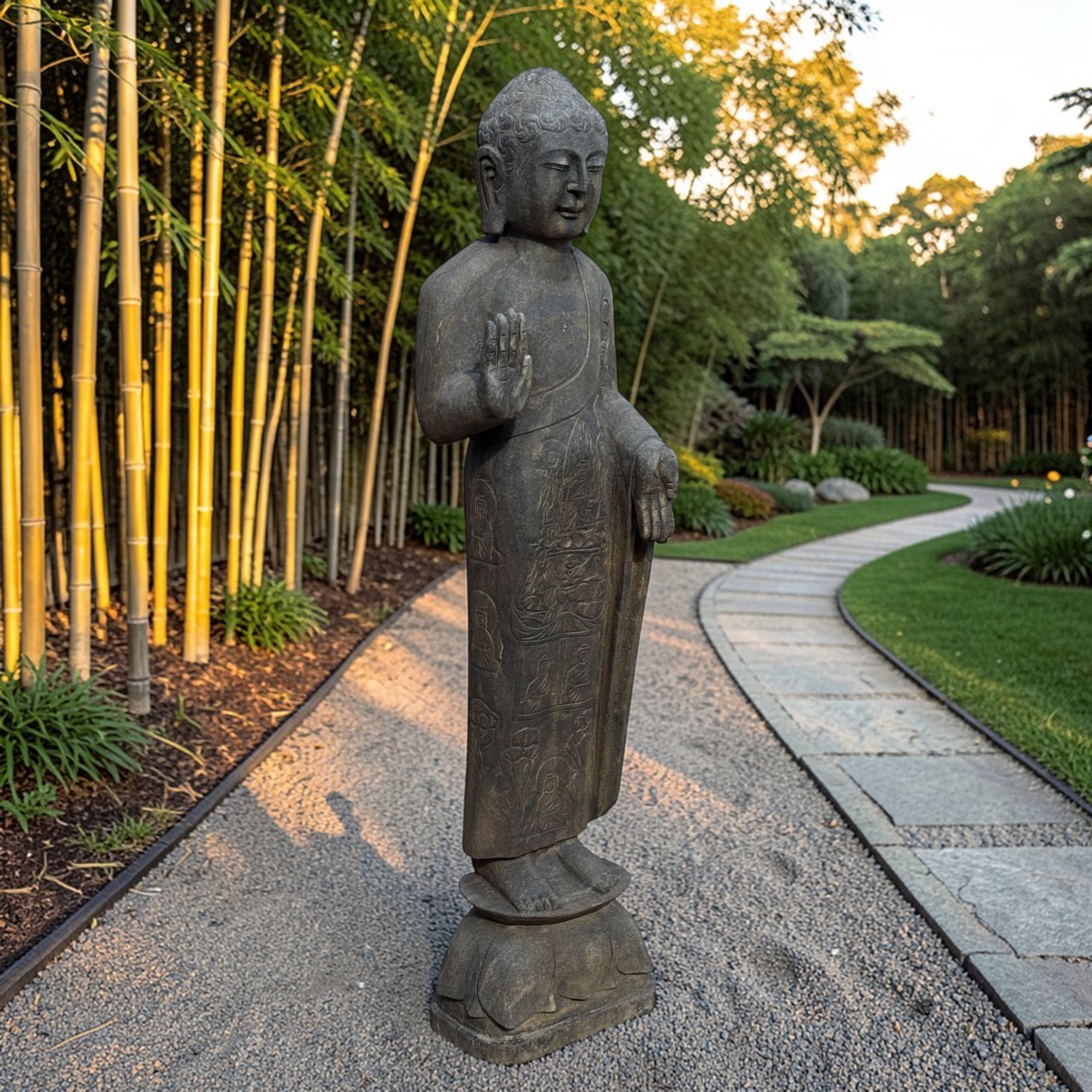 Garten Buddha Statue stehende Skulptur Schutz Geste 121 cm groß