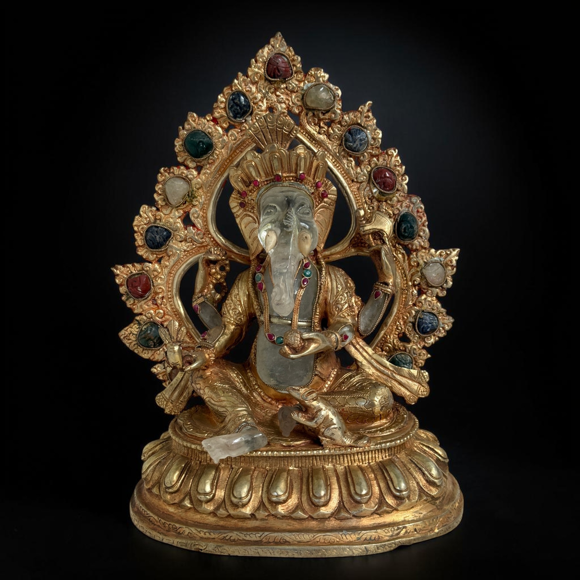 Ganesha Bronze Figur feuervergoldet mit Bergkristall Nepal