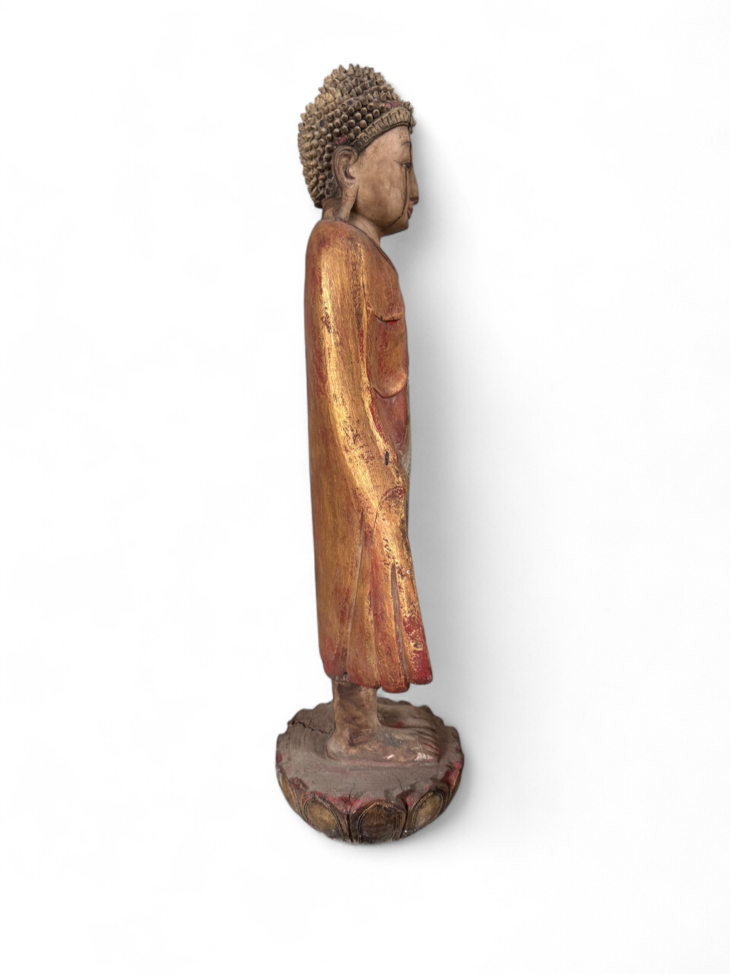 Stehender Buddha aus Burma – Teakholz Skulptur ca. 100 Jahre