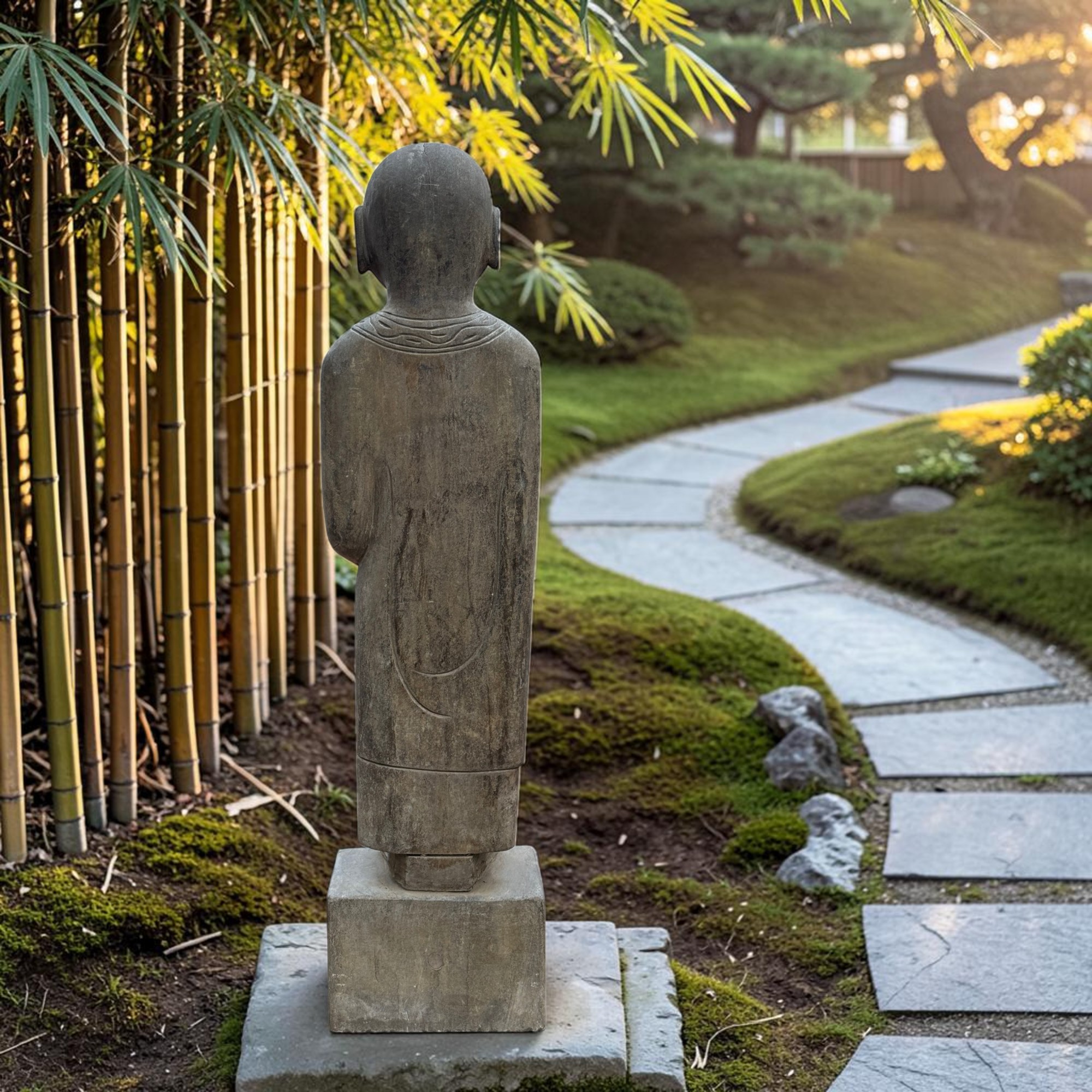 Zen Mönch Statue Naturstein 101cm | Meditierend | Tibet-Sichuan | Gartenstatue