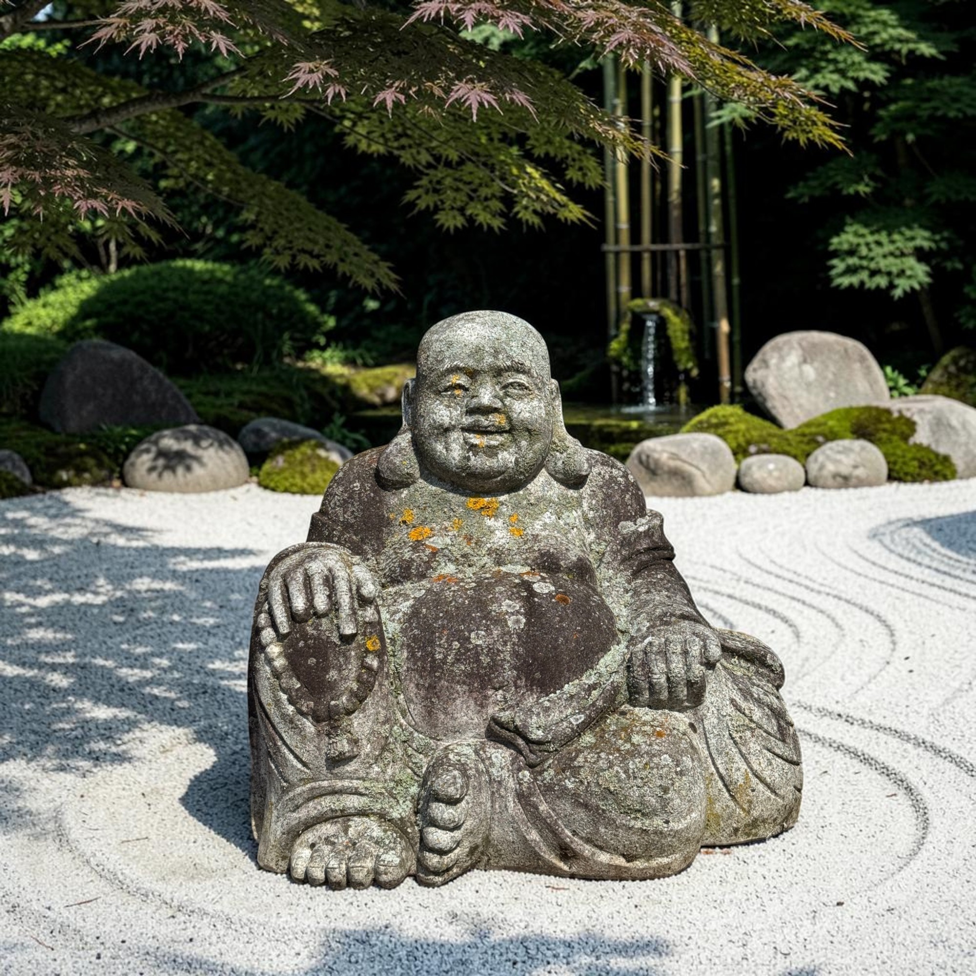 Happy Buddha aus Granit - Alte Steinfigur Gartenfigur