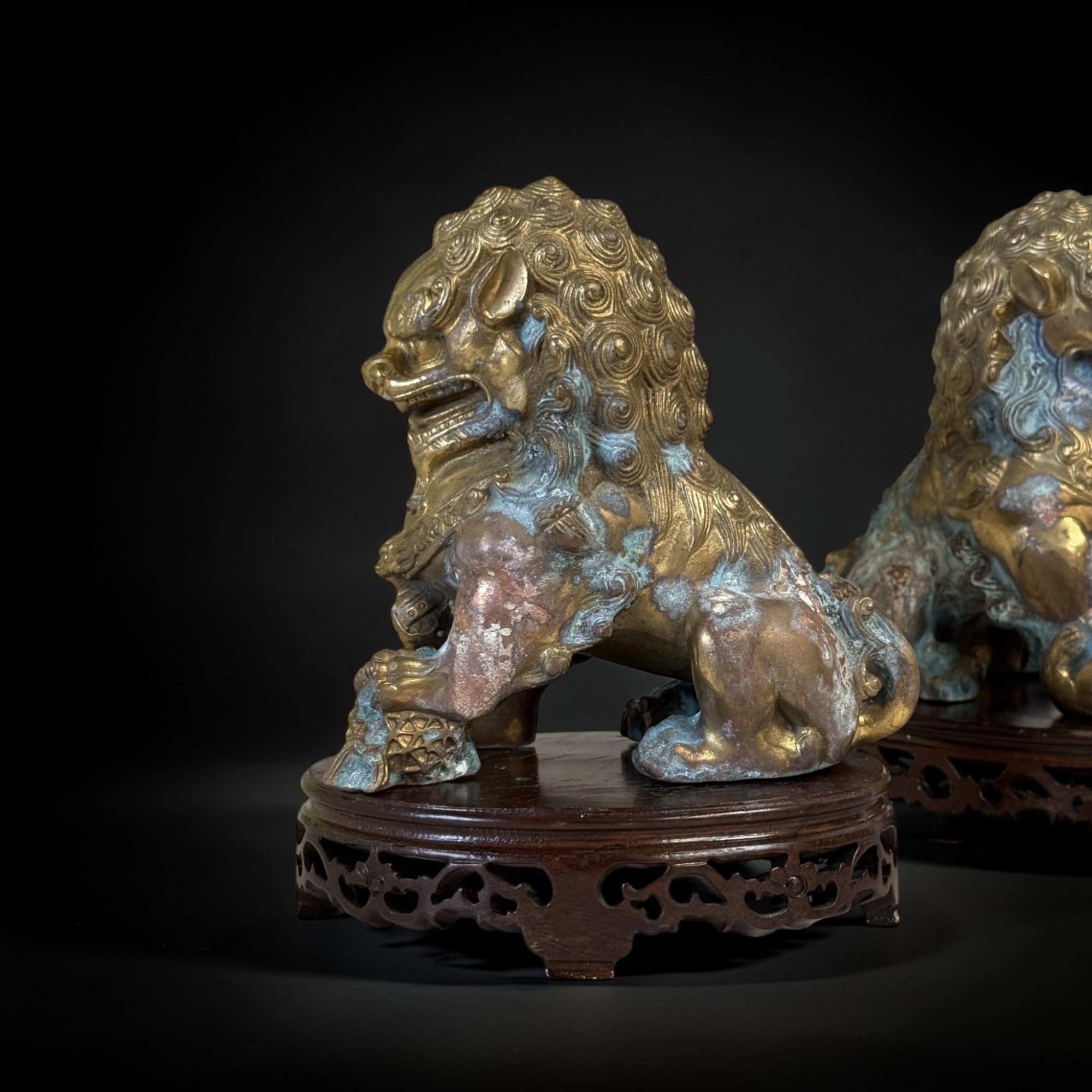 Paar alte Tempellöwen Bronze – Sammlernachlass – auf Holzpodest (20cm)