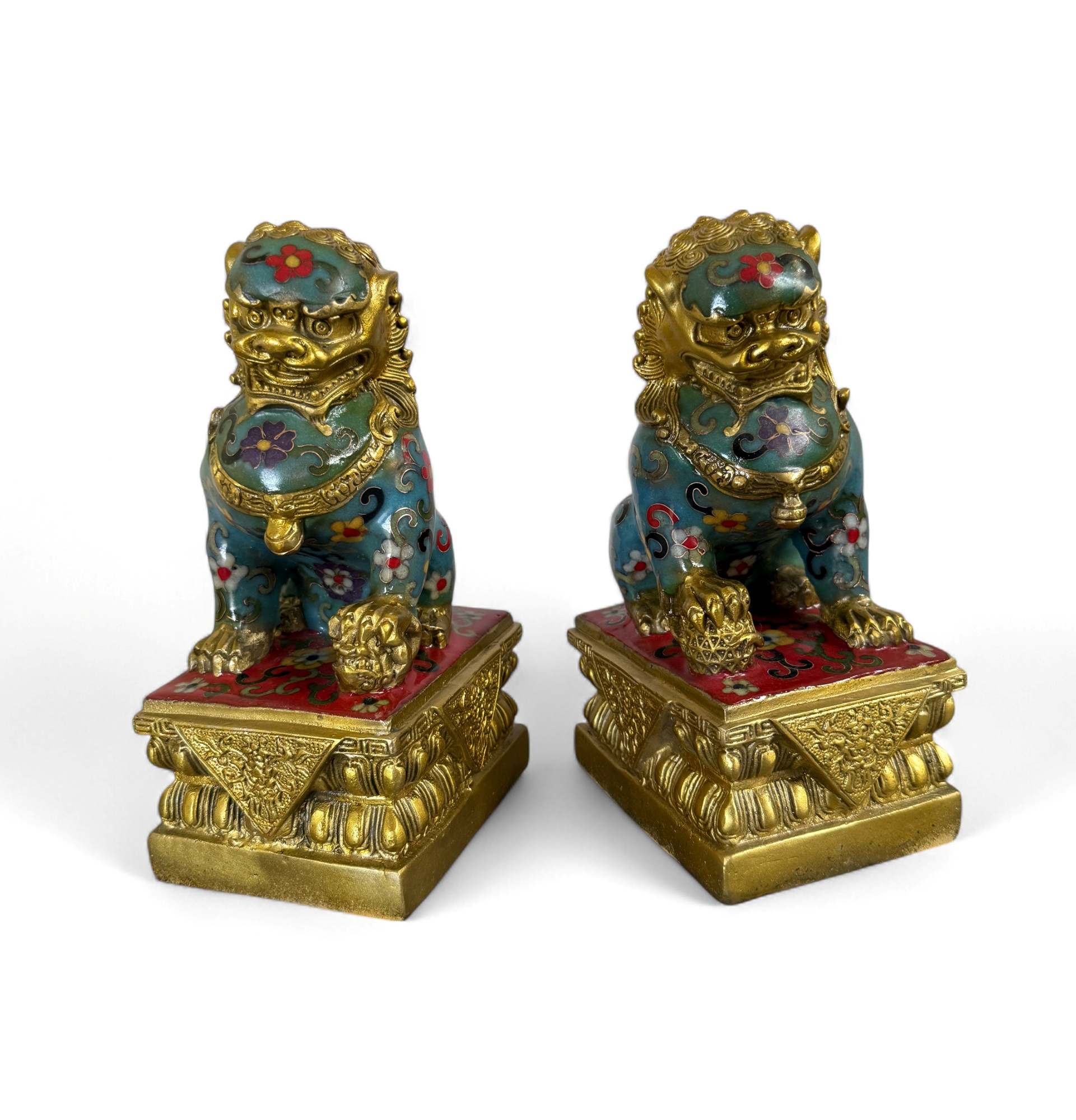 Chinesische Wächterlöwen Bronze Skulpturen Cloisonne Figuren