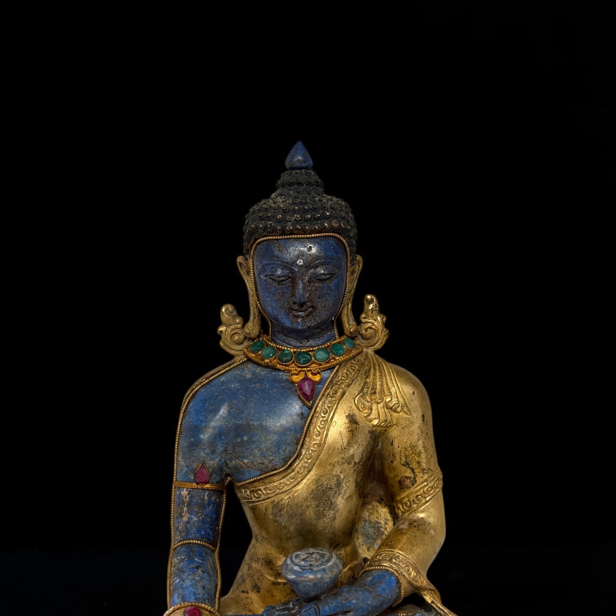 Siddharta Gautama Buddha Figur Bronze feuervergoldet Lapis Lazuli Nepal